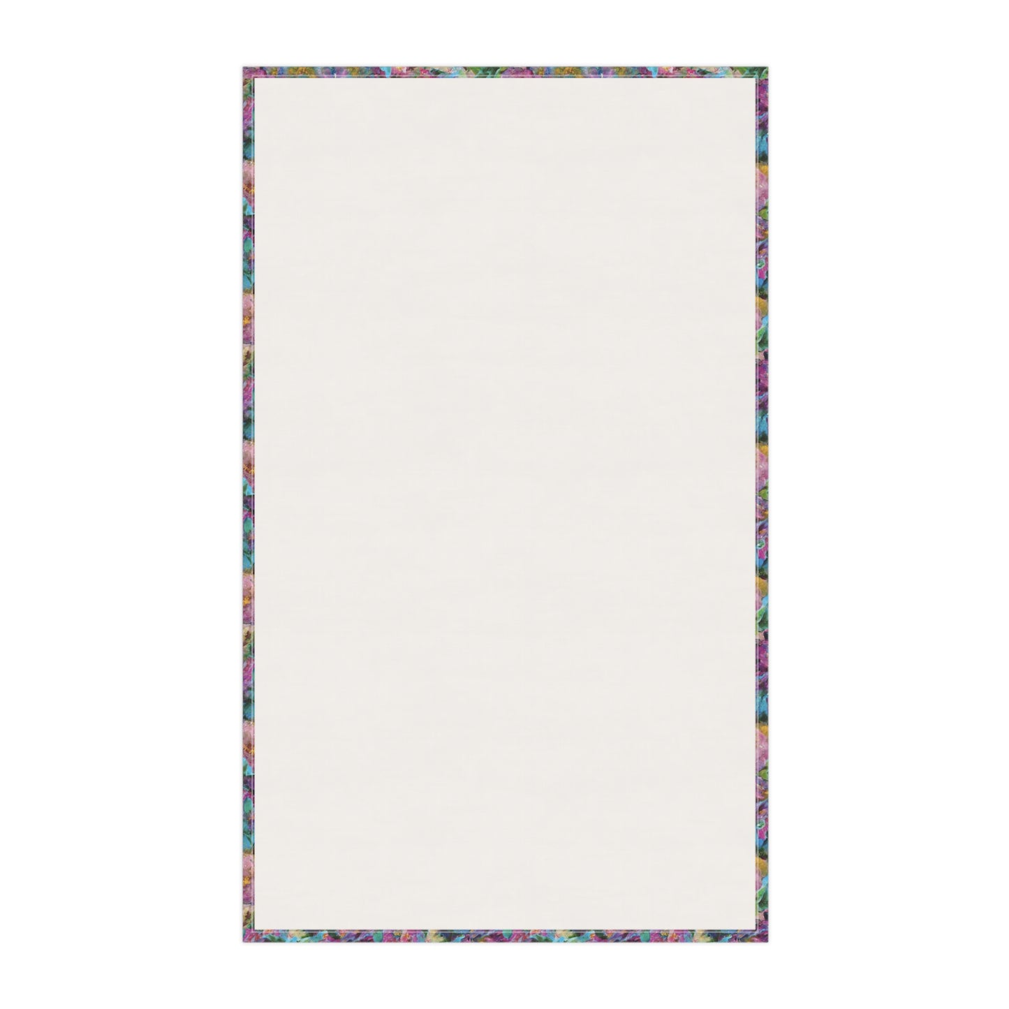 Backside of tea towel with colorful border on a white background