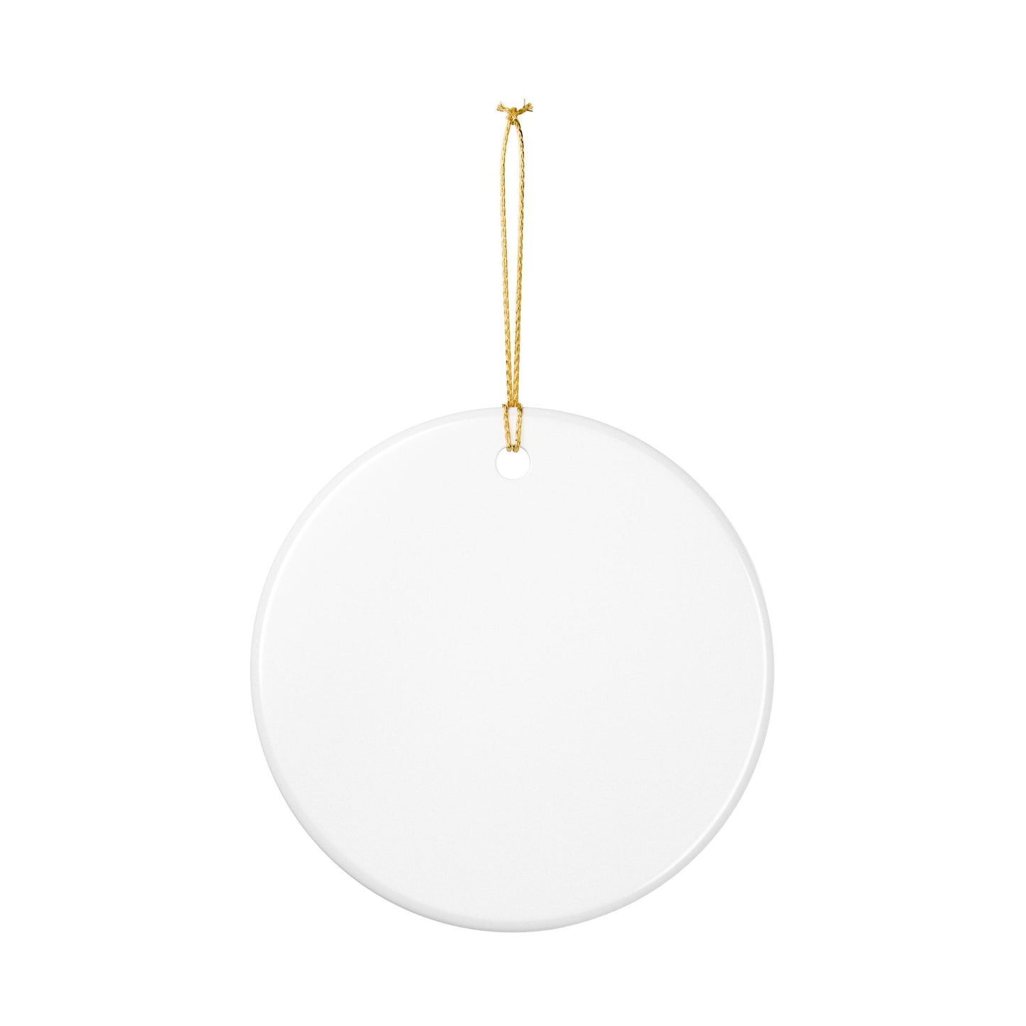 Round ornament back side all white with a gold ribbon on a white background