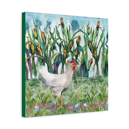 Canvas print of a chicken in a field with corn stalks and flowers. Side view