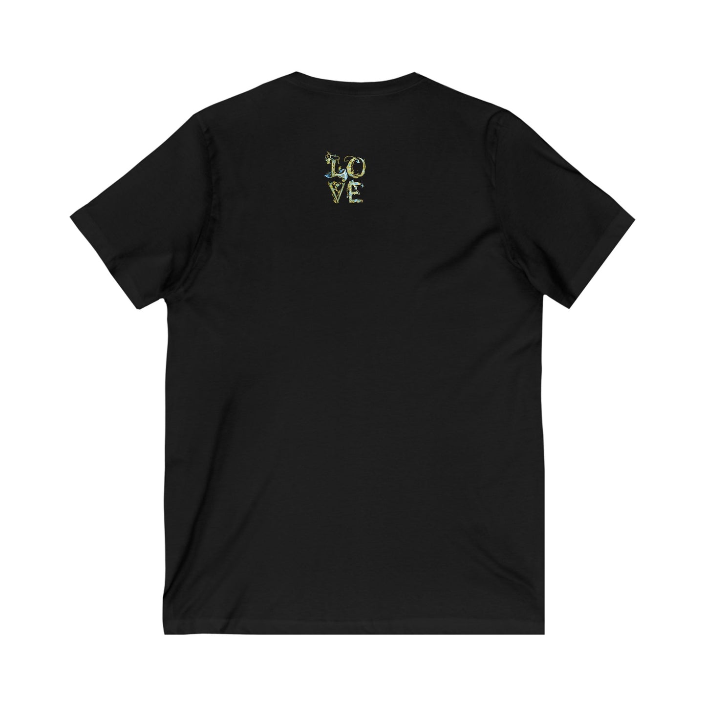 Black t-shirt with 'LOVE' printed in gold on the back against a white background