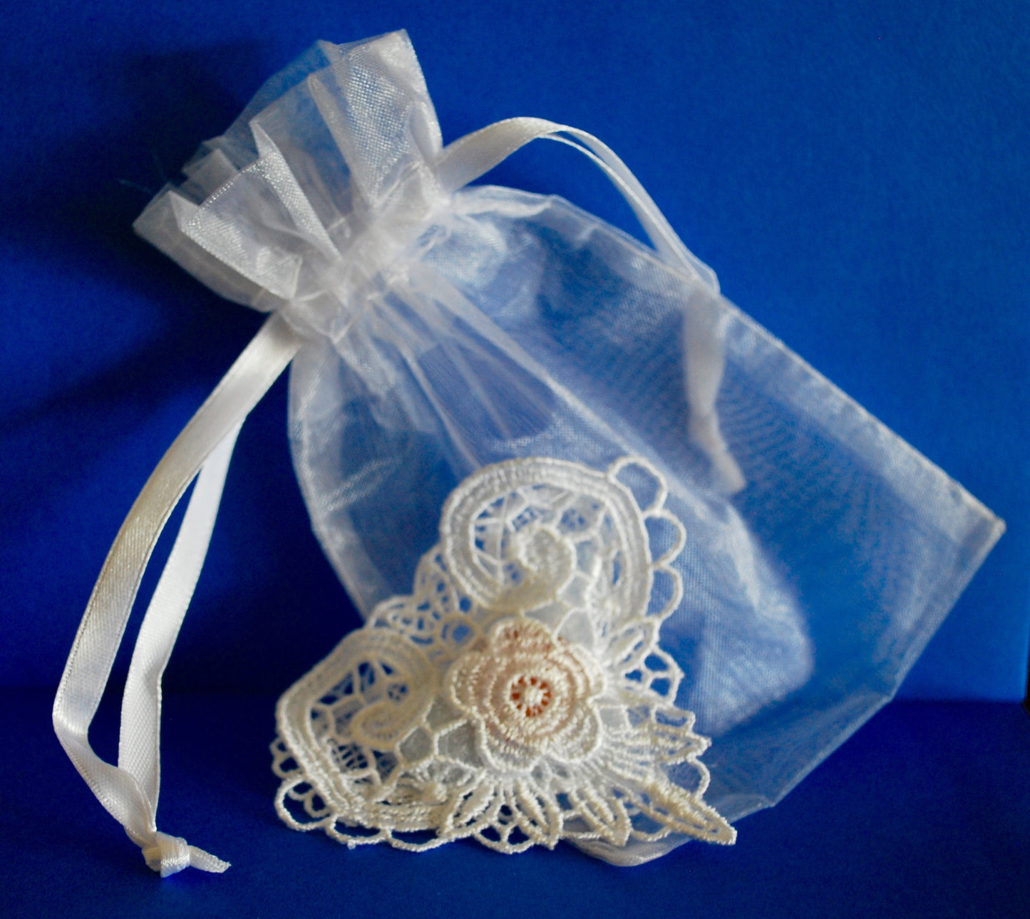 Lucky Wedding Penny heart-shaped white lace gift-ready packaged with an organza pouch & gift tag