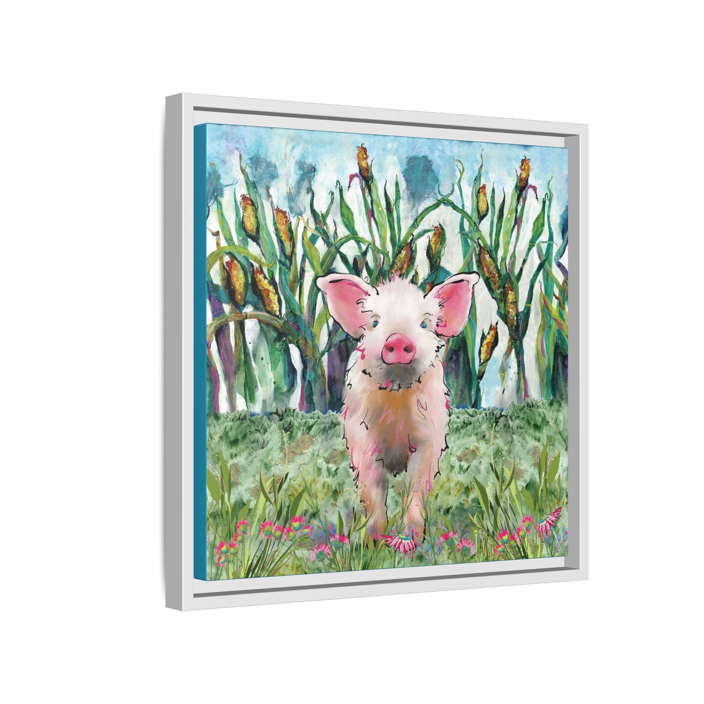 Framed artwork of a pig in a field with corn stalks ide view, white frame