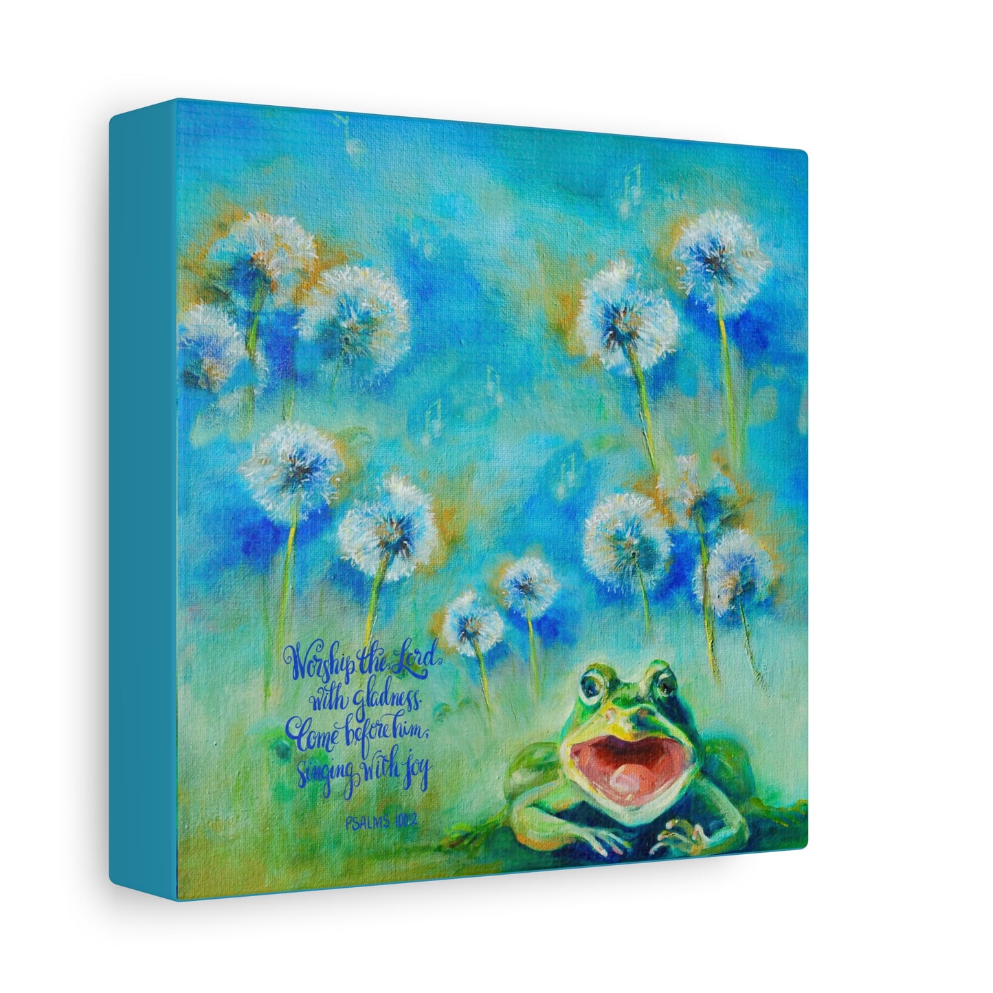 Side view of Canvas print with a frog and dandelions and Bible Verse Sing with Joy to the Lord on a blue background