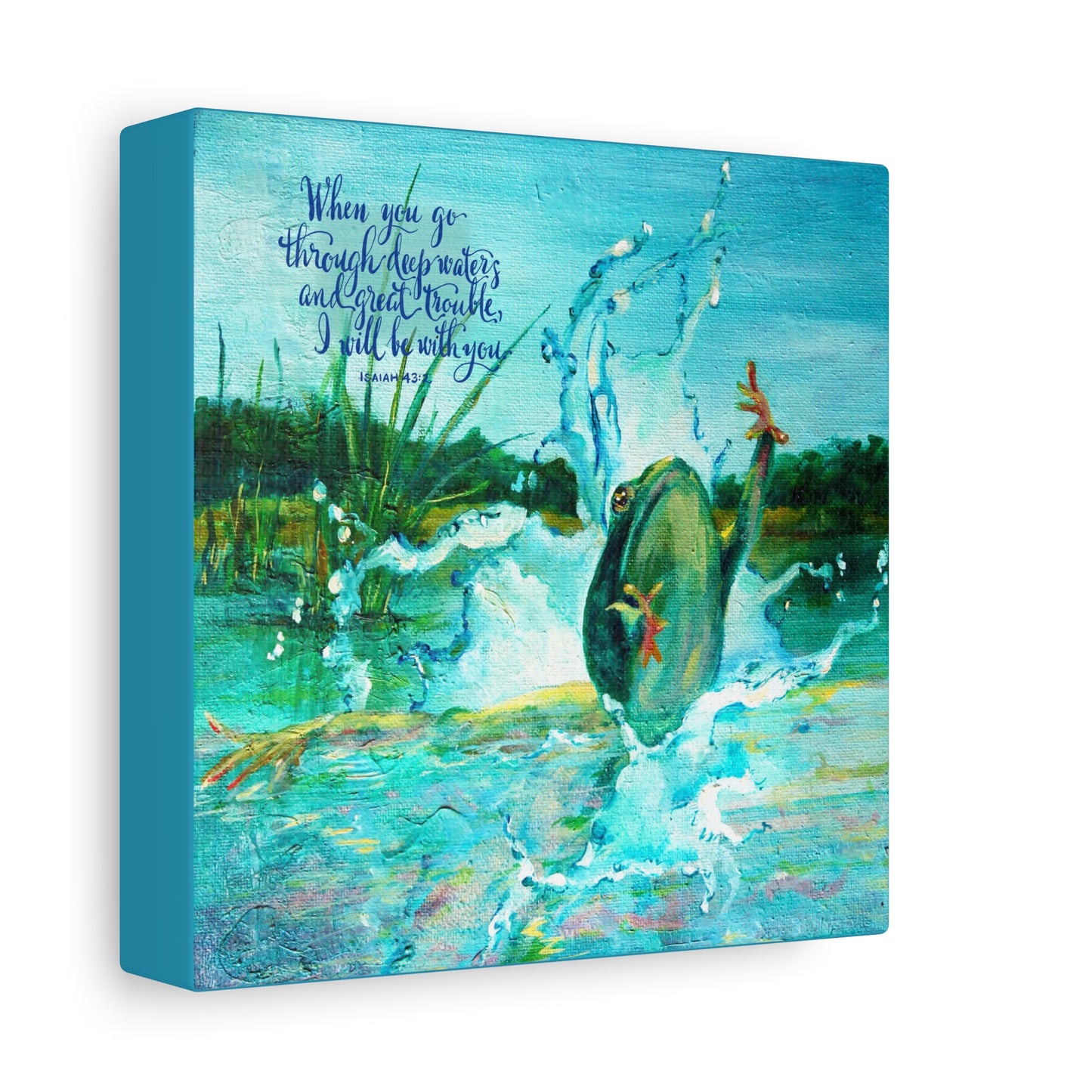 Canvas print with a frog leaping out of water and a Bible quote about Deep Waters on a blue background