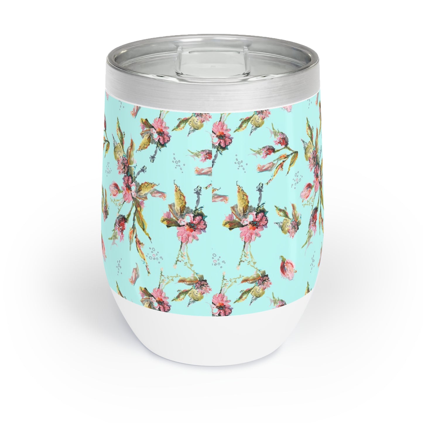 back side of wine Tumbler with floral pattern on a light blue background