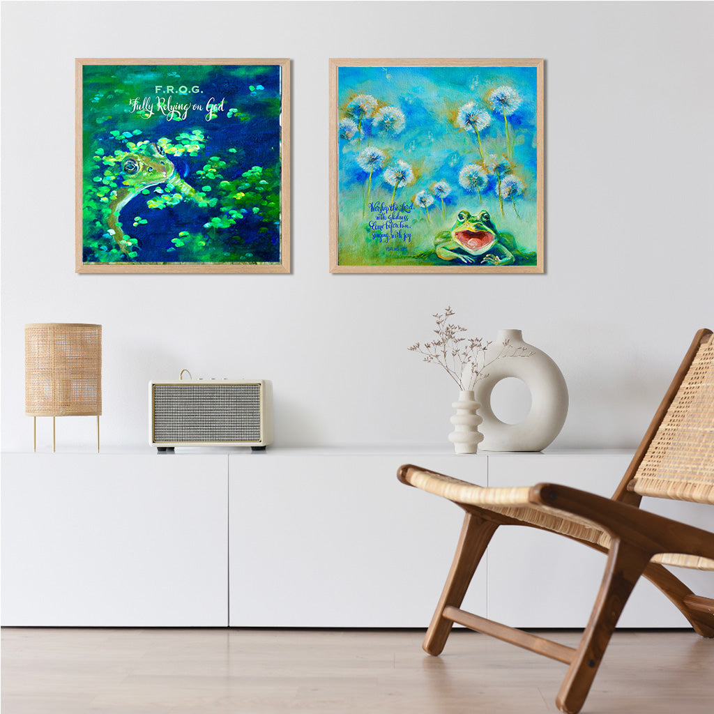 Two paintings by Texas Artist Anne Gregory from her "F.R.O.G." series (Fully Relying on God)