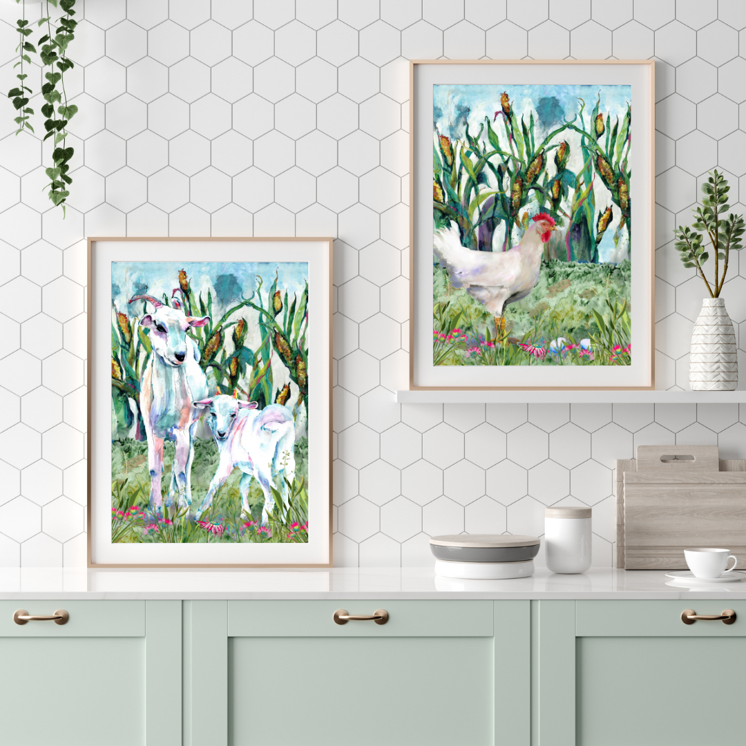 Two canvas prints of farm animals, these are part of a series of six prints including cows, sheep, chickens, goats, and horse. Original art created by Texas artist Anne Gregory.