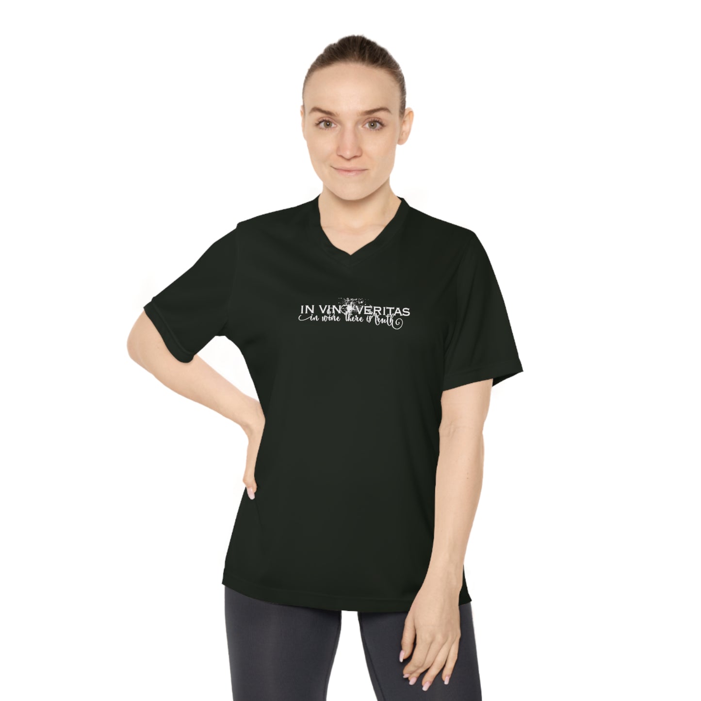 Woman wearing a wine themed black t-shirt with text on a white background