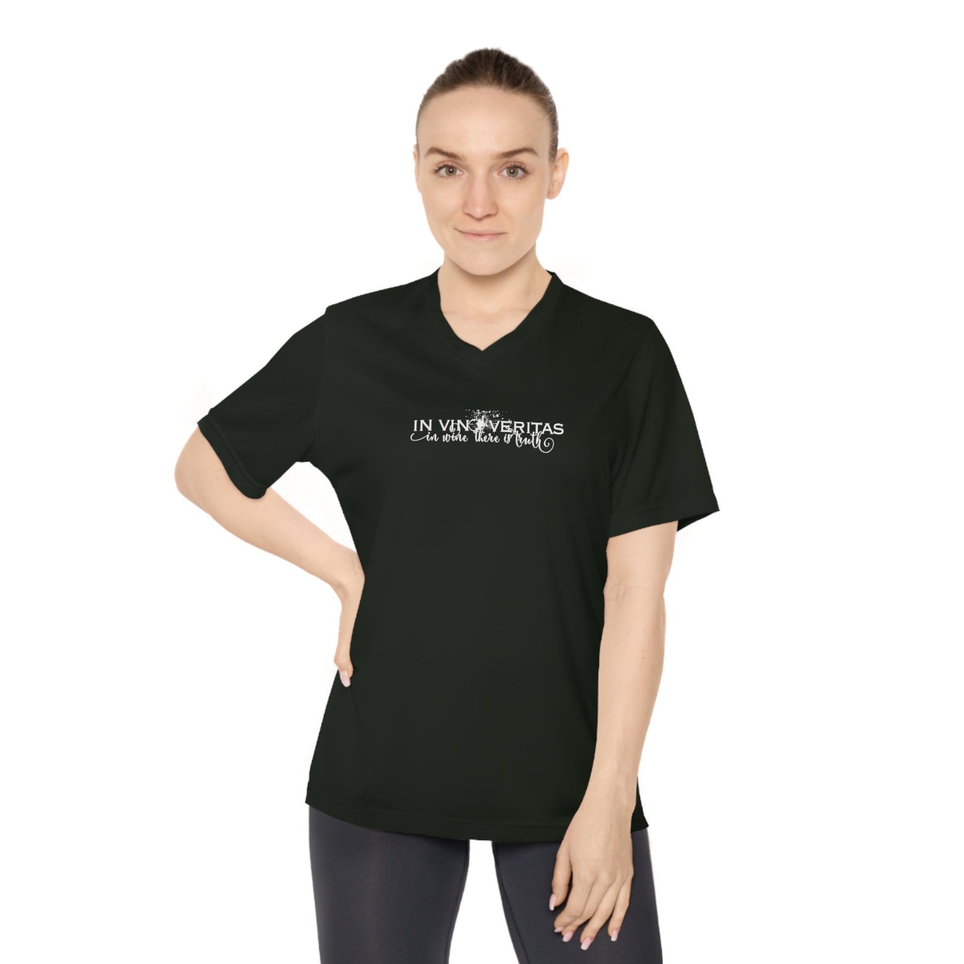 Woman wearing a wine themed black t-shirt with text on a white background
