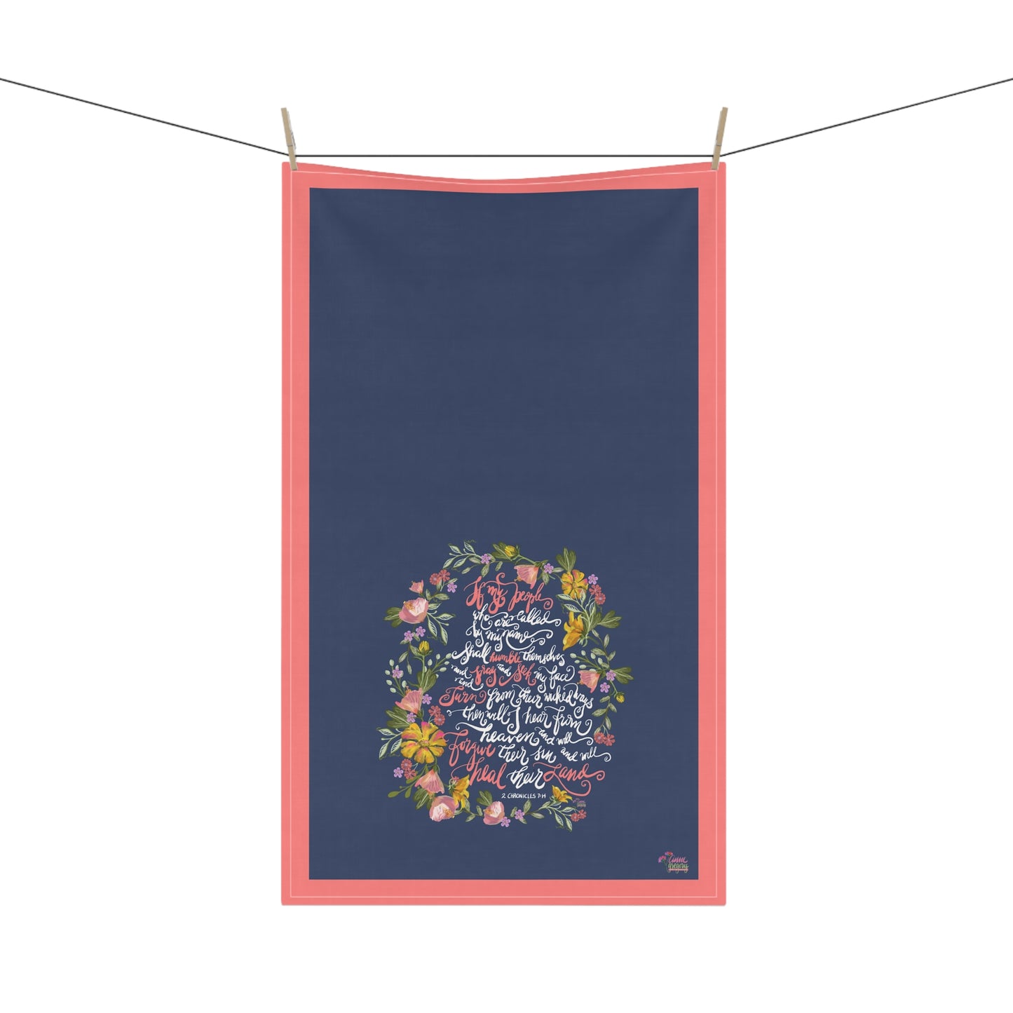Navy blue kitchen tea towel with floral design and calligraphy Bible verse "If my people" on a white background