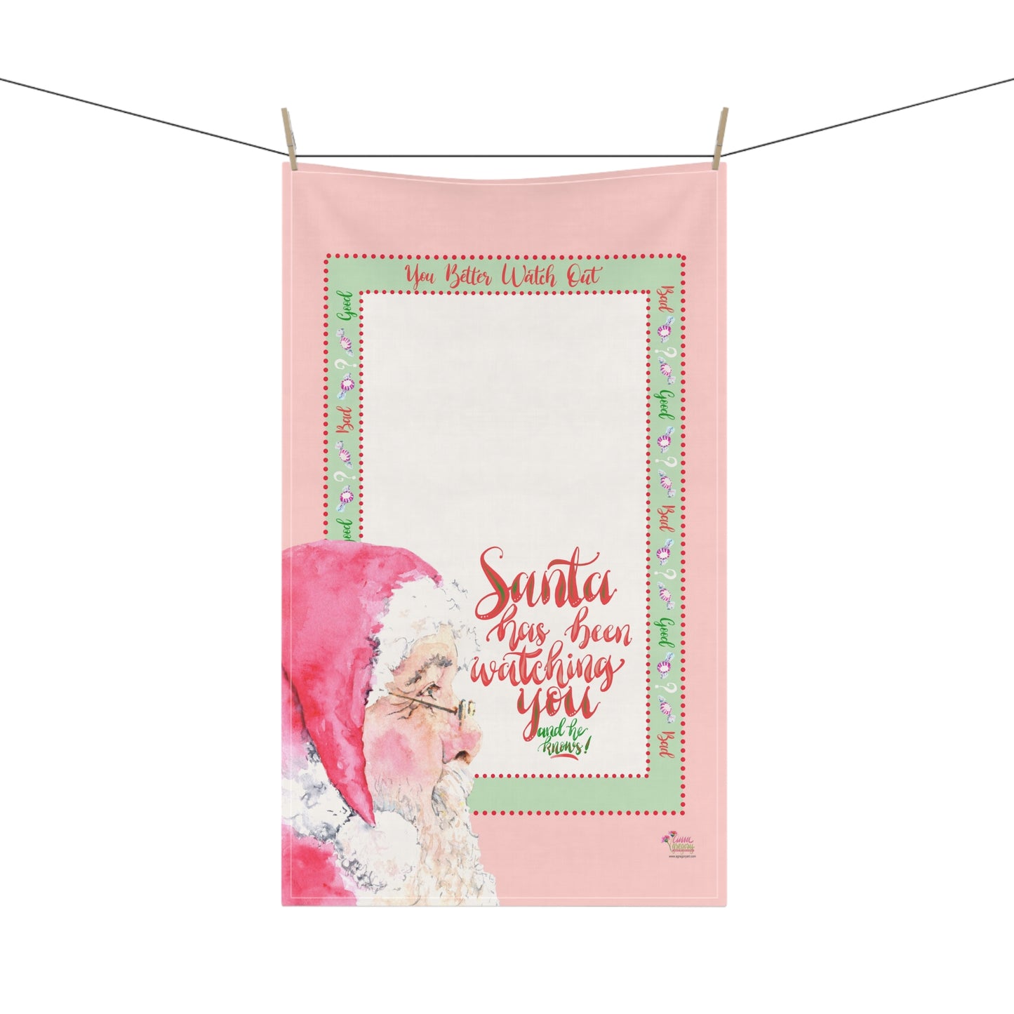 Tea towel with Santa Claus design and text Santa has been watching you on a pink and mint green background