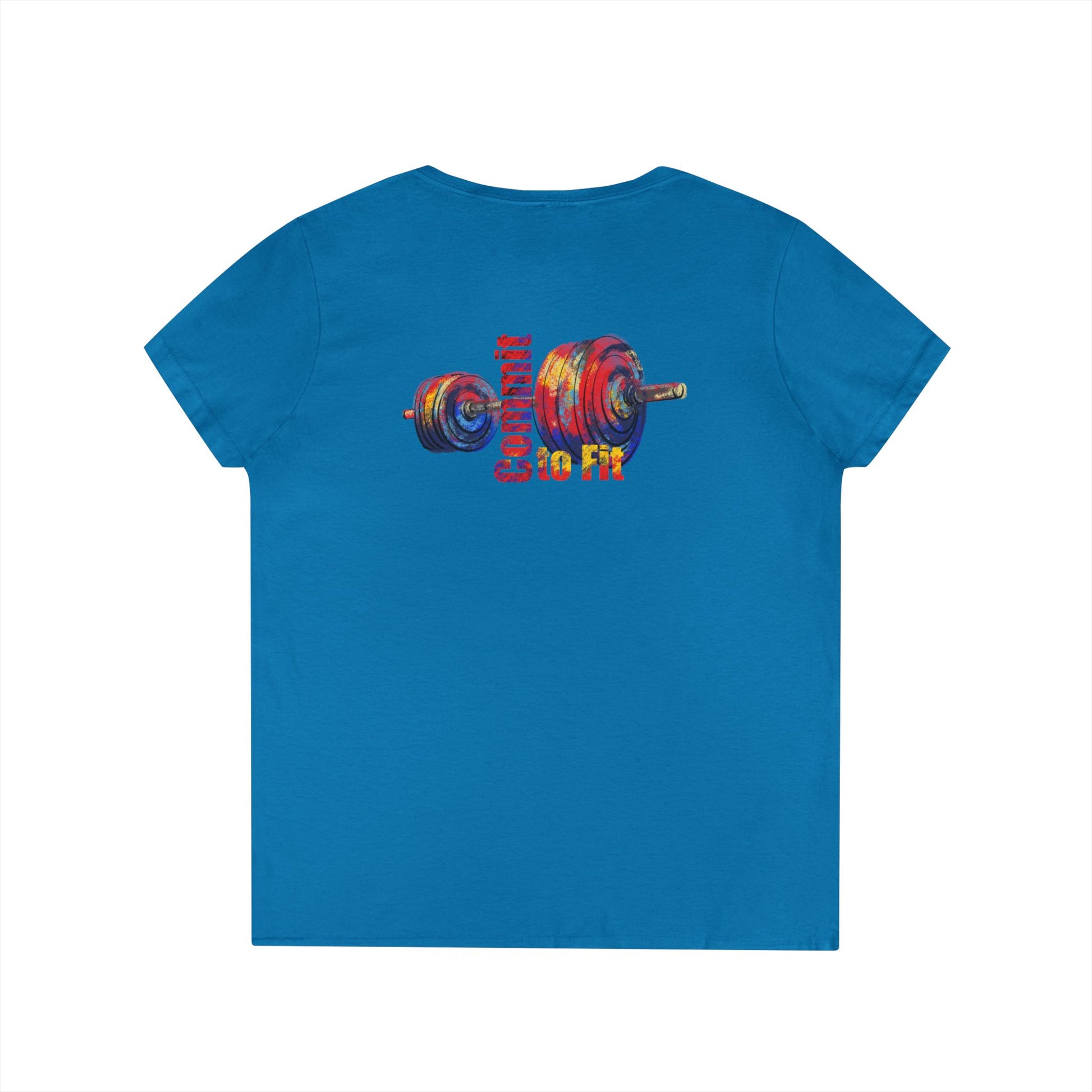 bright blue tshirt with colorful logo on back commit to fit