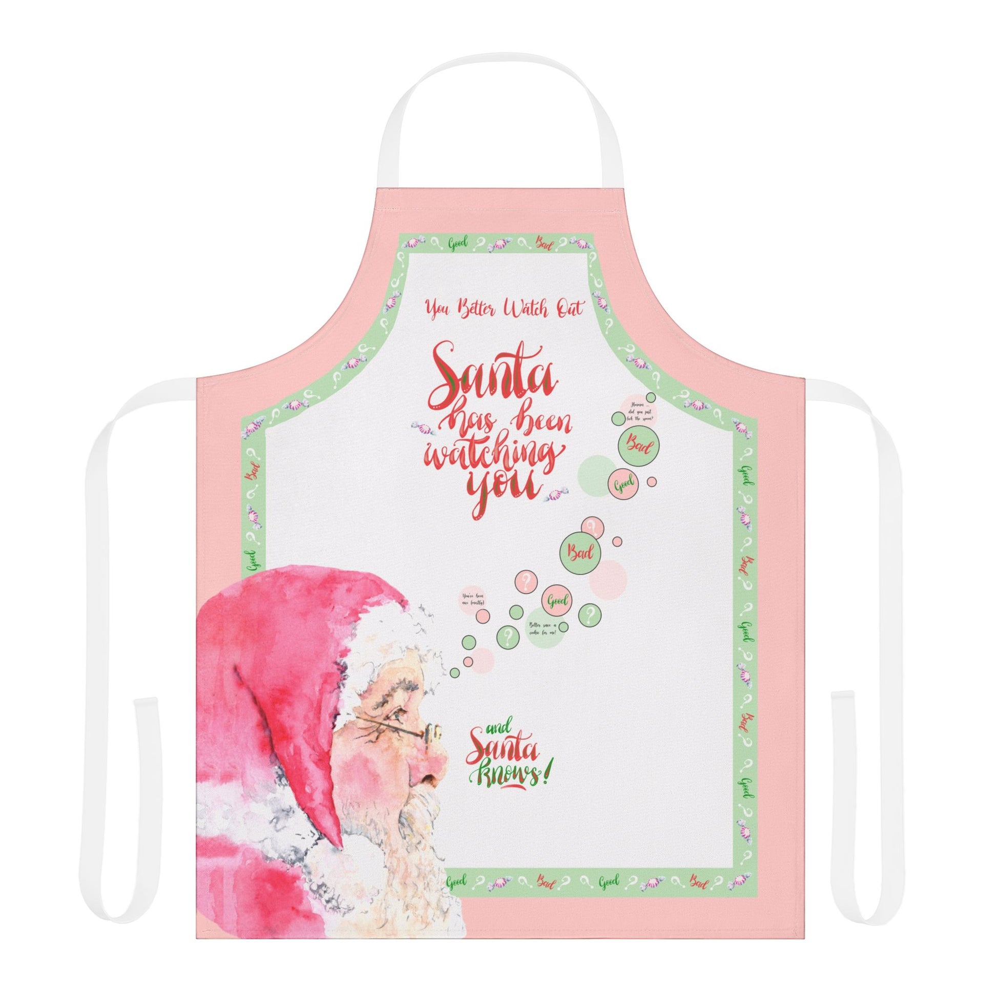 Christmas-themed apron with Santa Claus illustration and text Santa is watching You on a pink and mint green white background