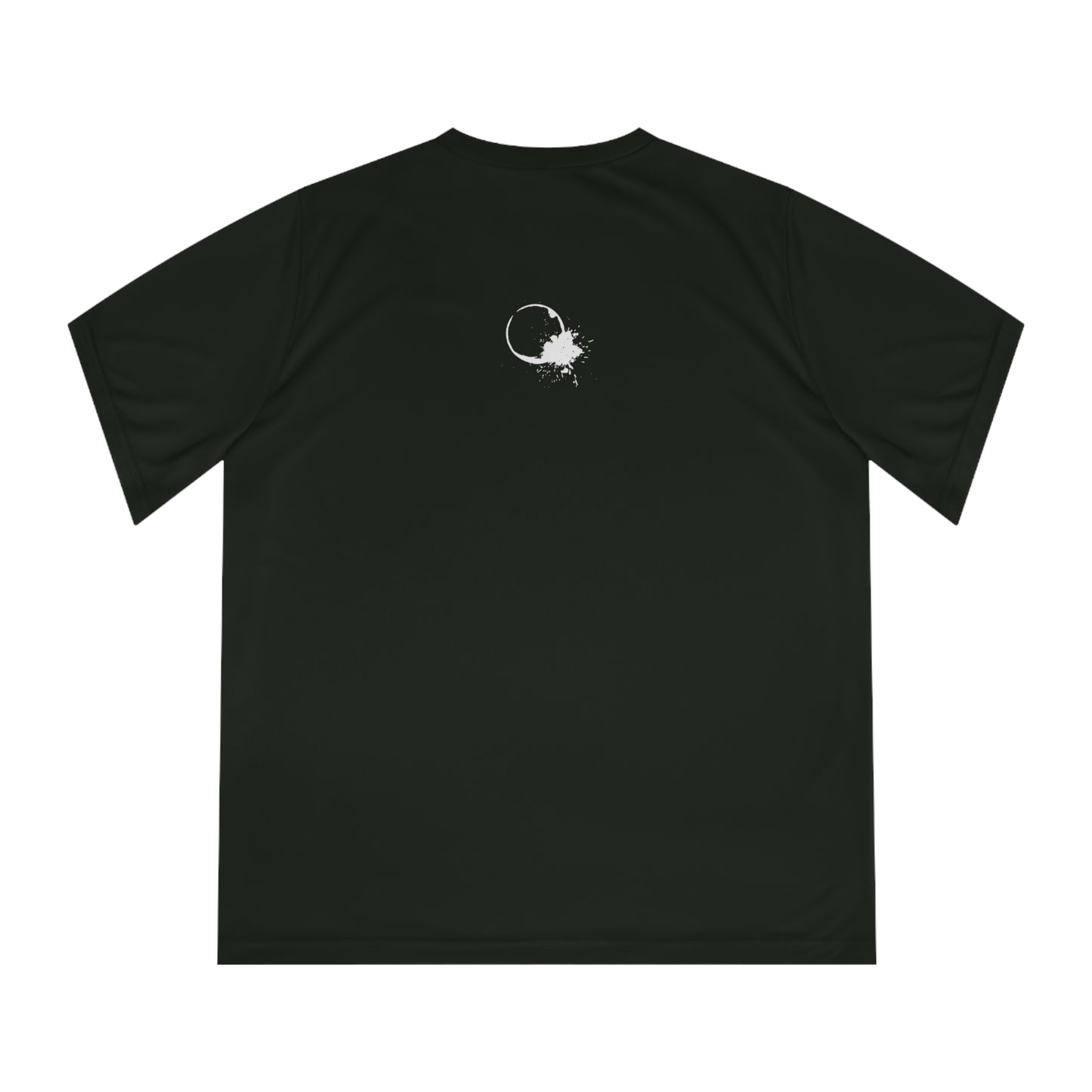 Black t-shirt with a white graphic of wine spill stain on the back against a black background