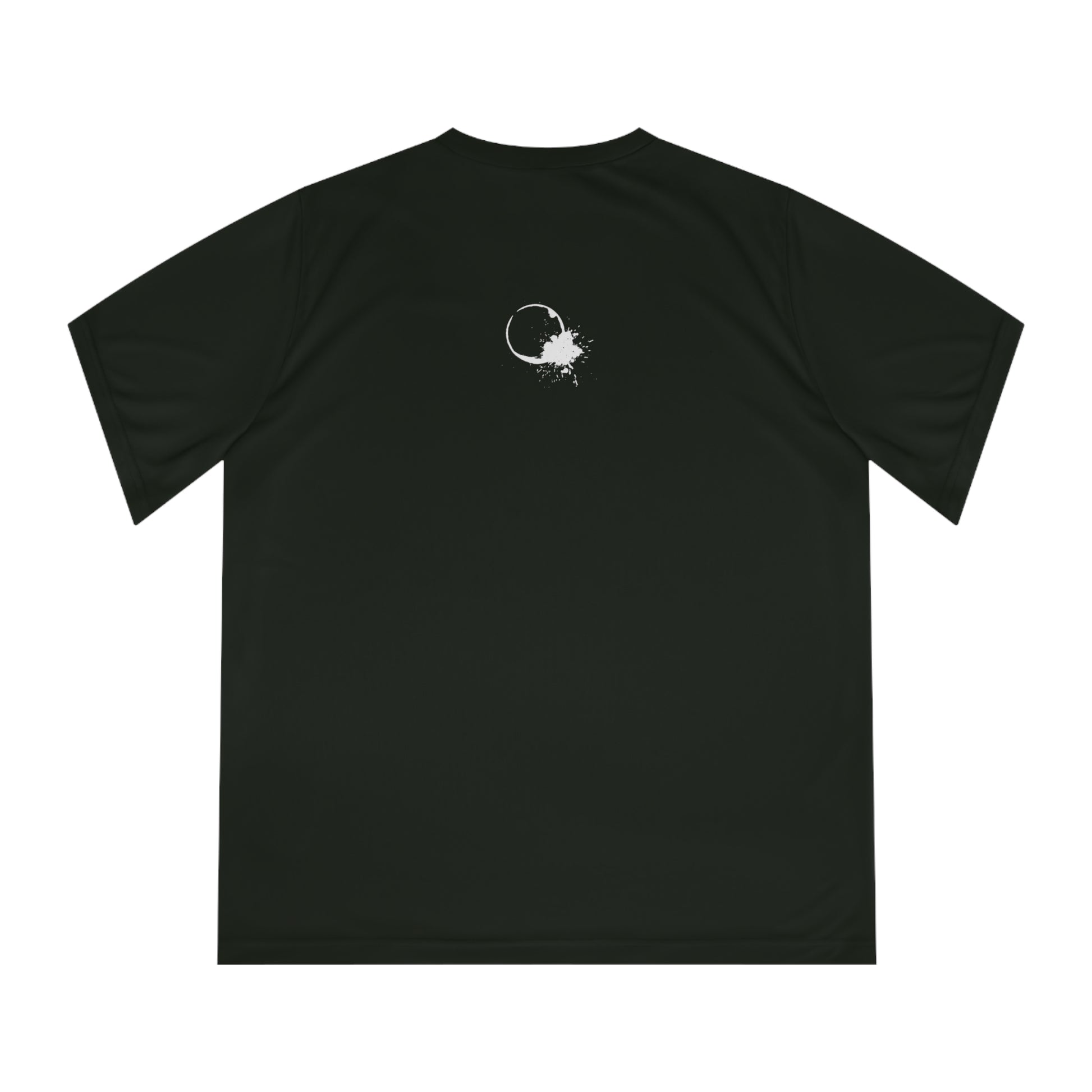 Black t-shirt with a white graphic of wine spill stain on the back against a black background