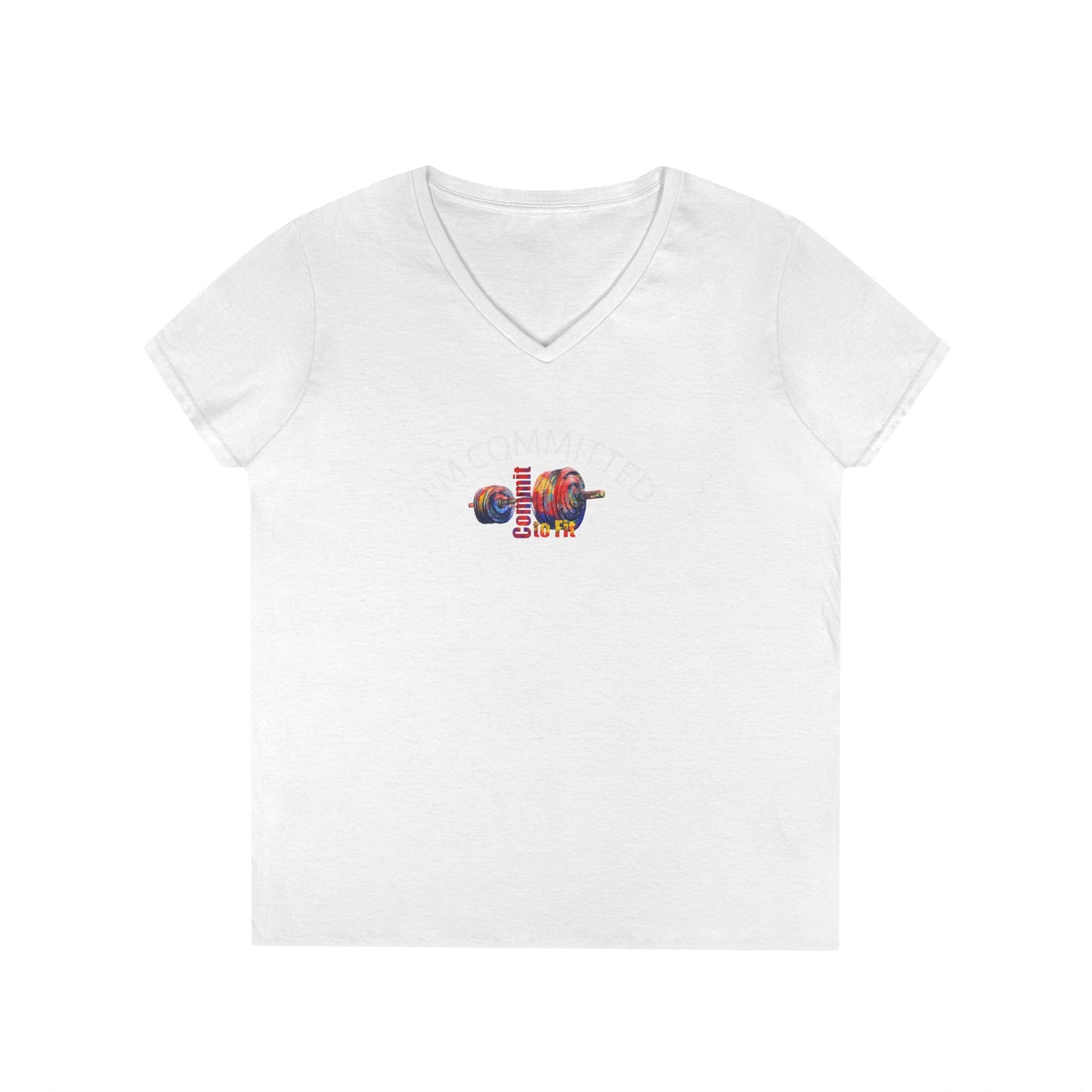 White t-shirt with colorful graphic Commit to Fit on a white background