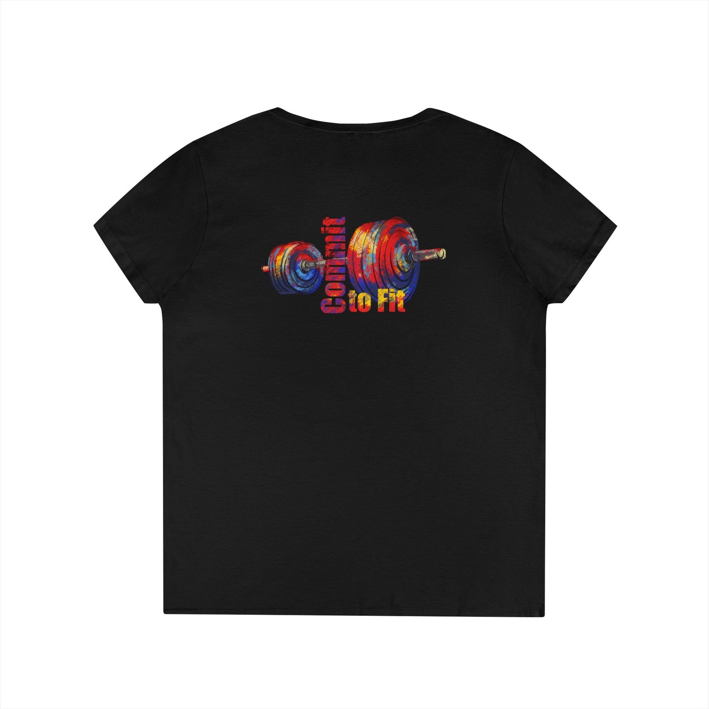 Black t-shirt with colorful barbell graphic and text on a white background