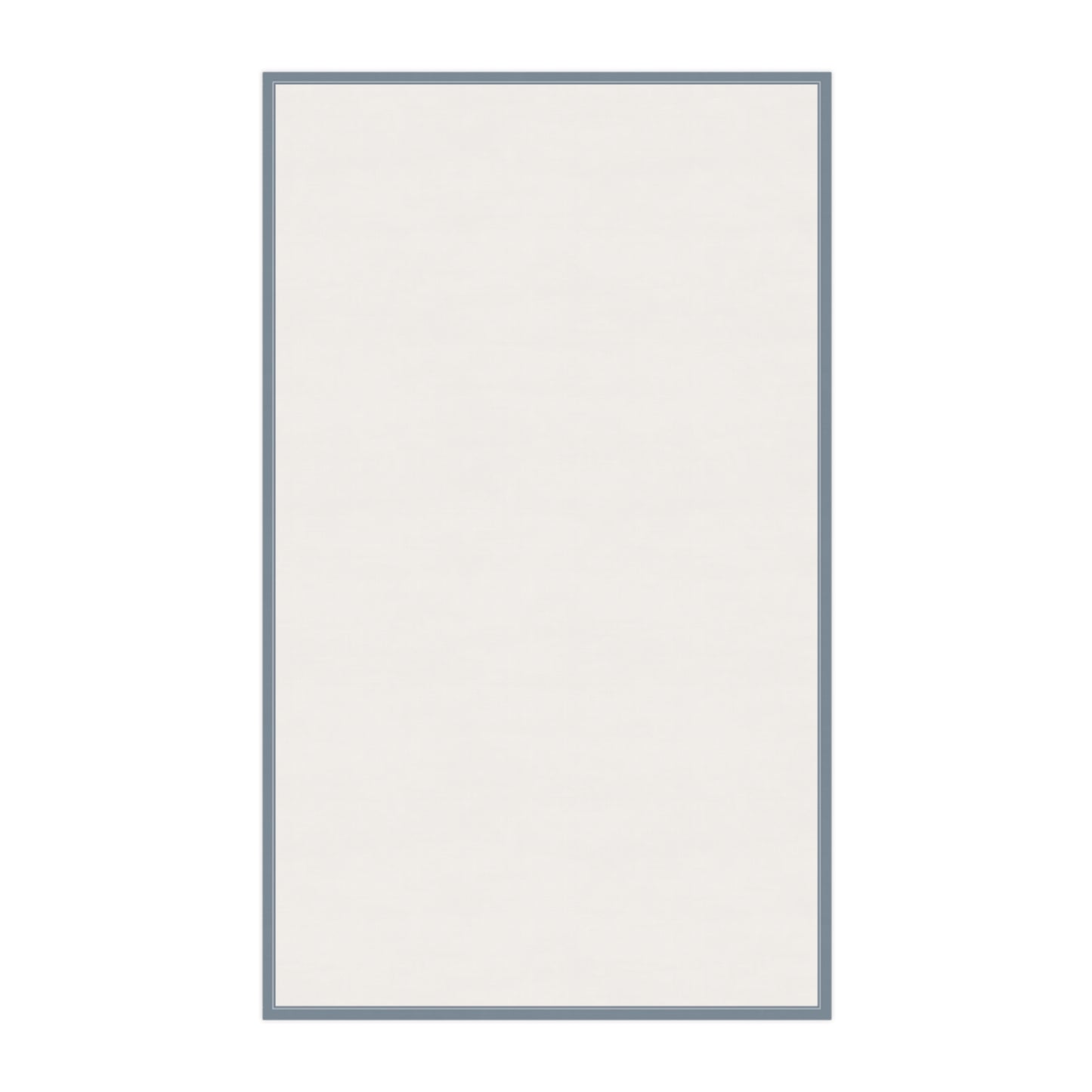 Backside of tea towel that is white and a blue border on a white background