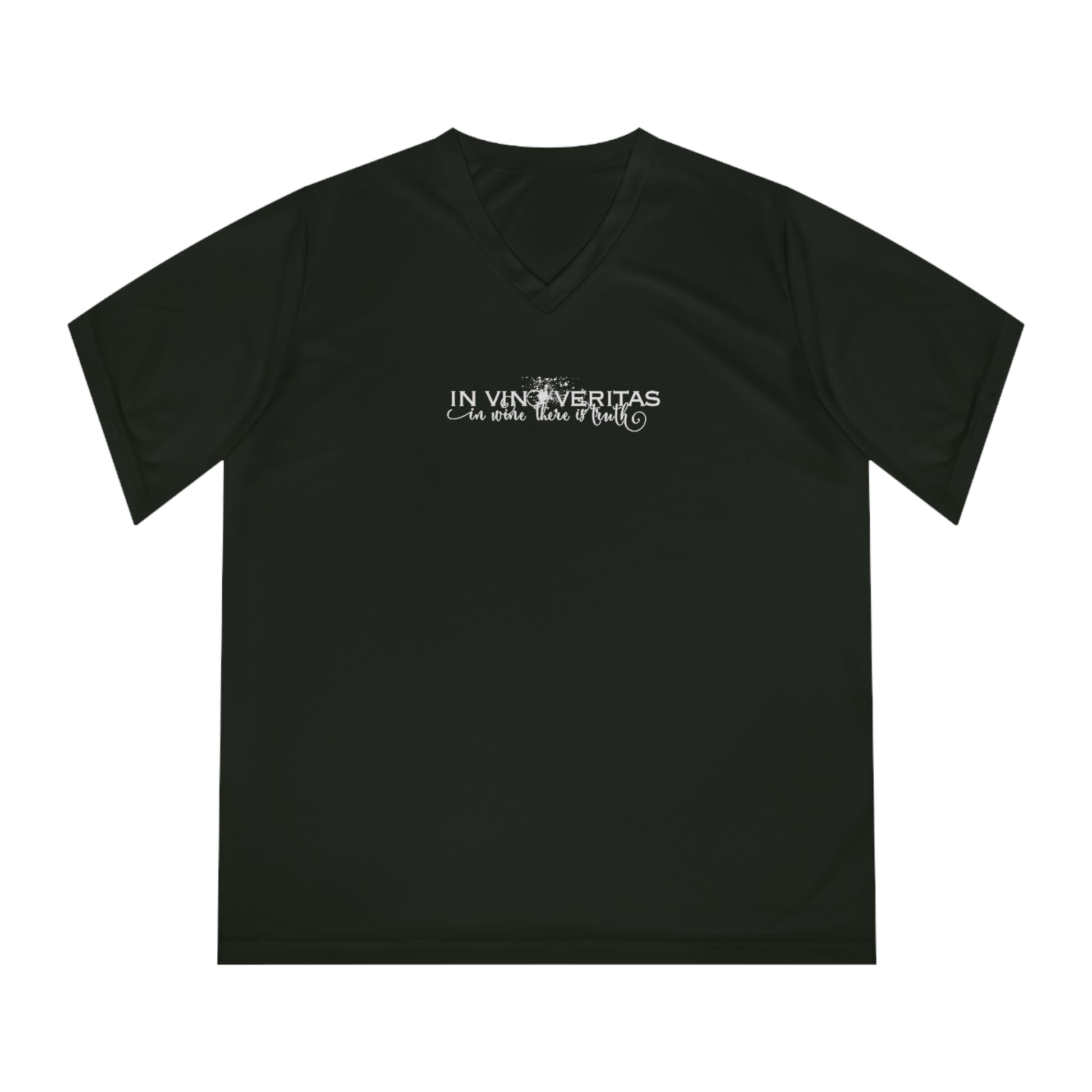 Black t-shirt with white text In Vino Veritas IN Wine There is Truth  on a white background