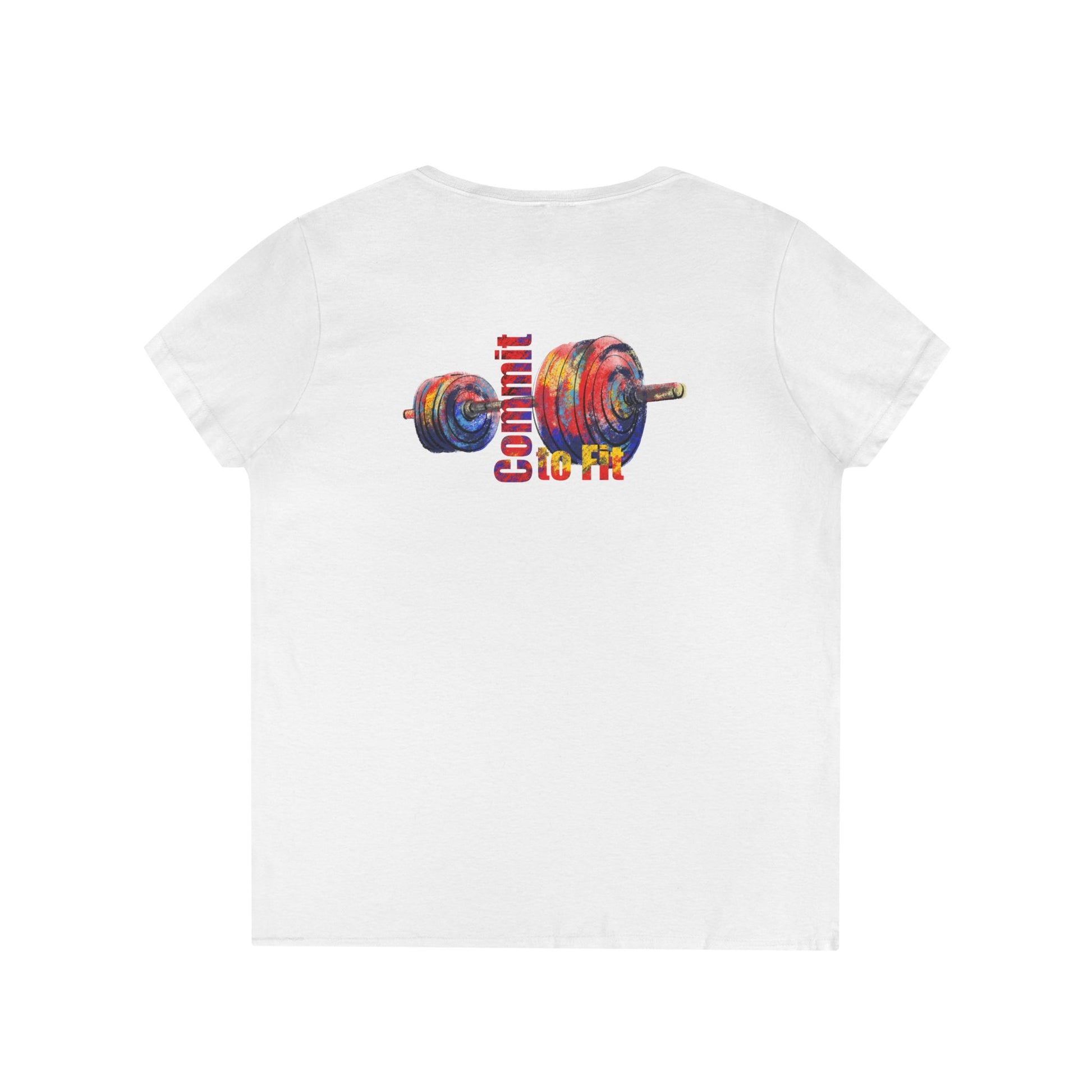 White t-shirt with colorful weightlifting graphic and text on a white background