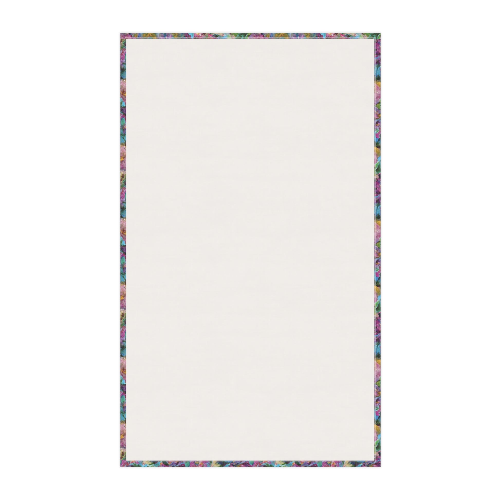 Backside of tea towel with colorful border on a white background