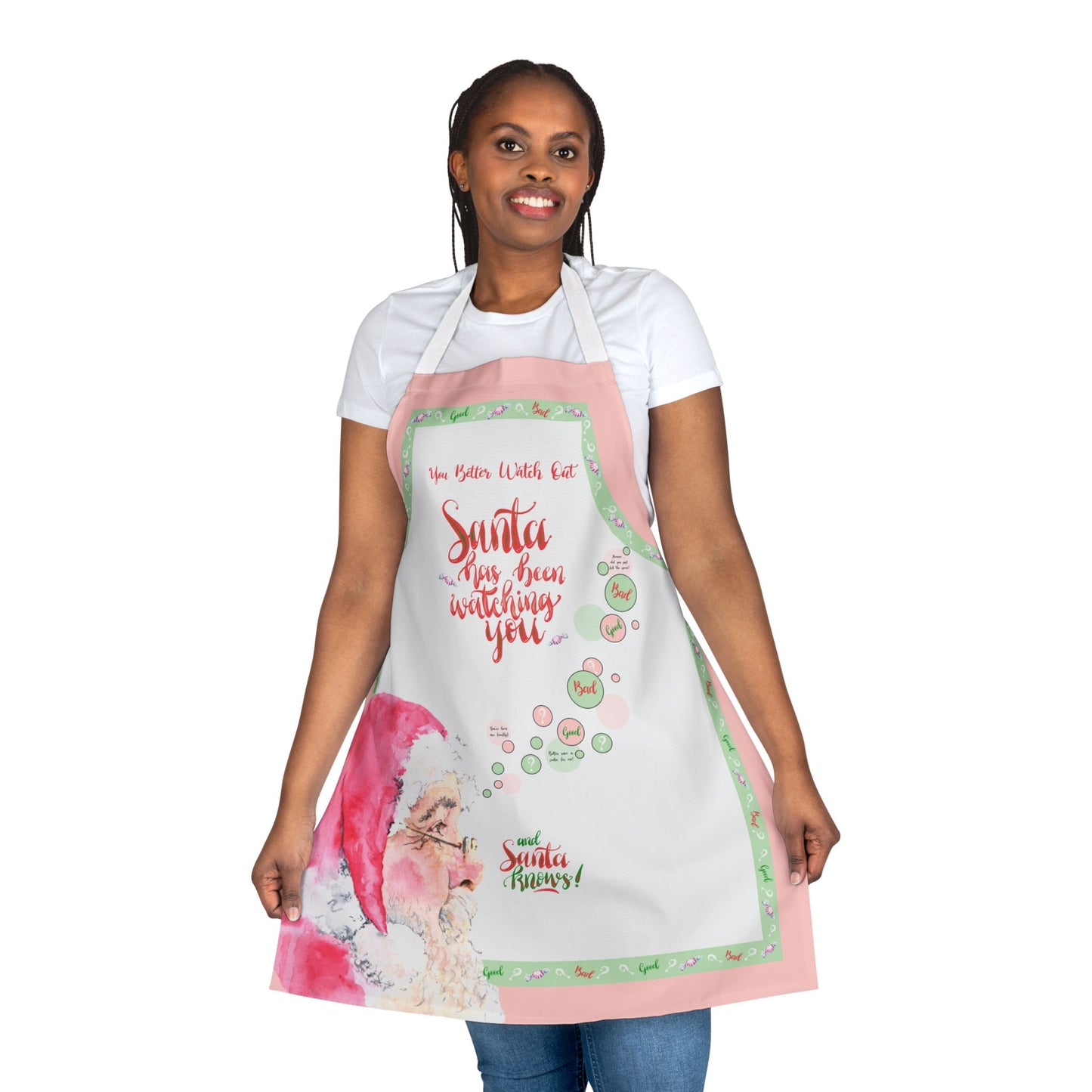 Woman wearing a festive Christmas apron with holiday-themed designs of Santa on a pink and mint green white background