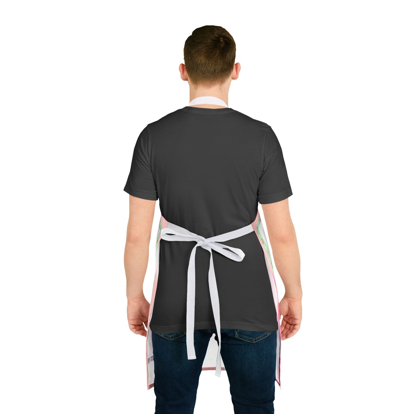 Person wearing a black apron with a white apron over it on a white background