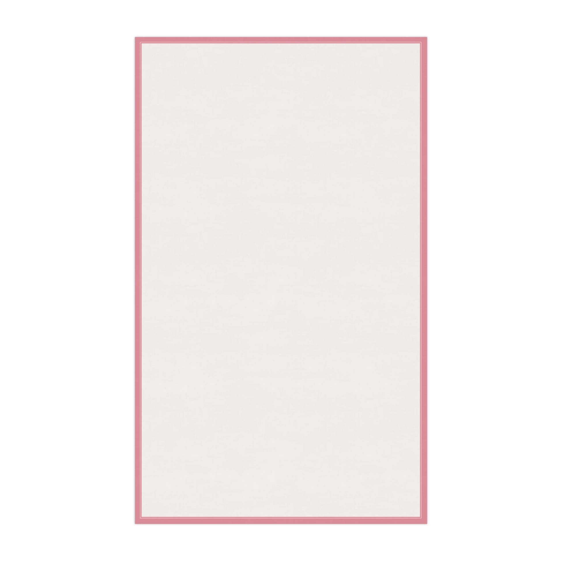 Reverse side of kitchen towel white with a pink border 