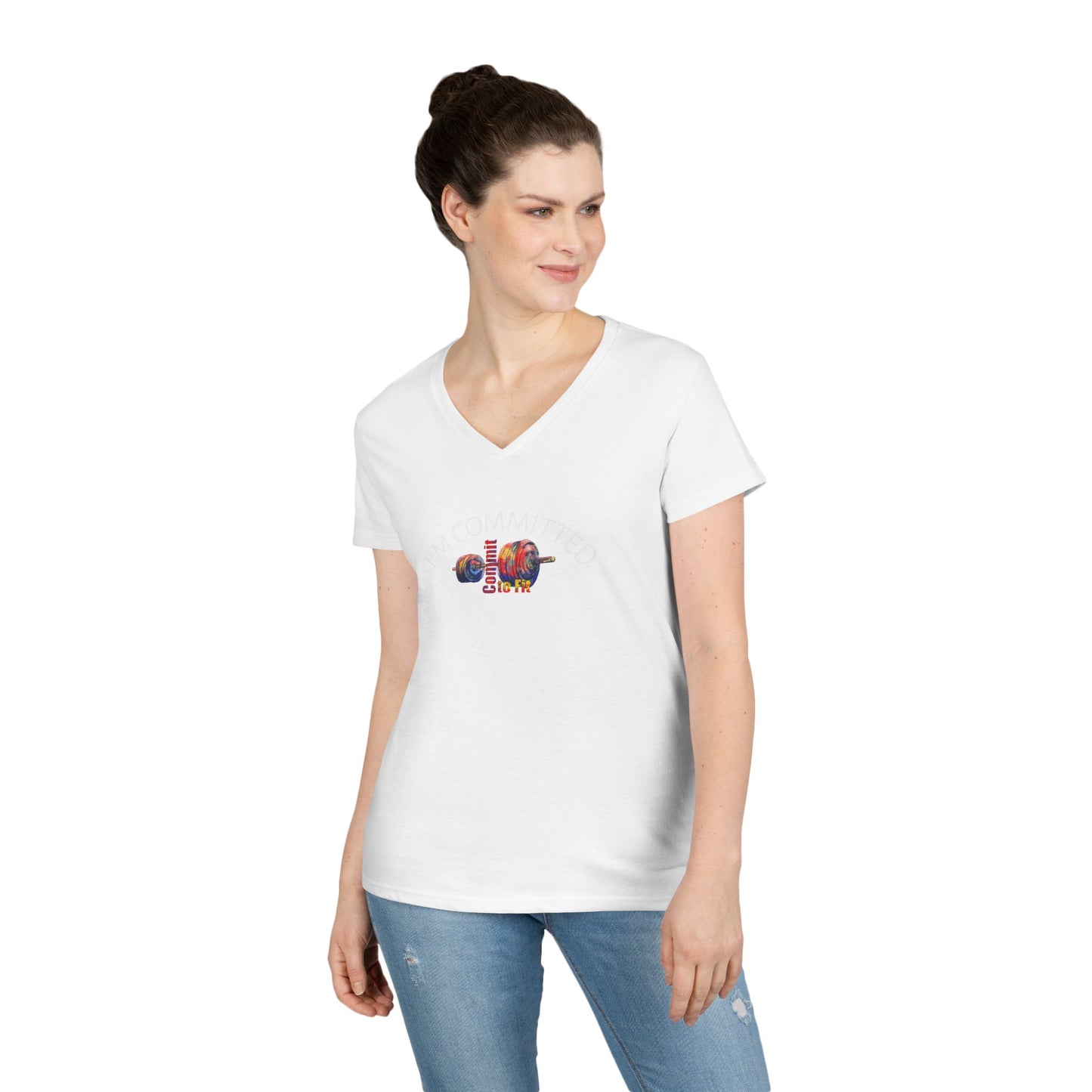 Woman wearing a white t-shirt with a colorful logo on a white background