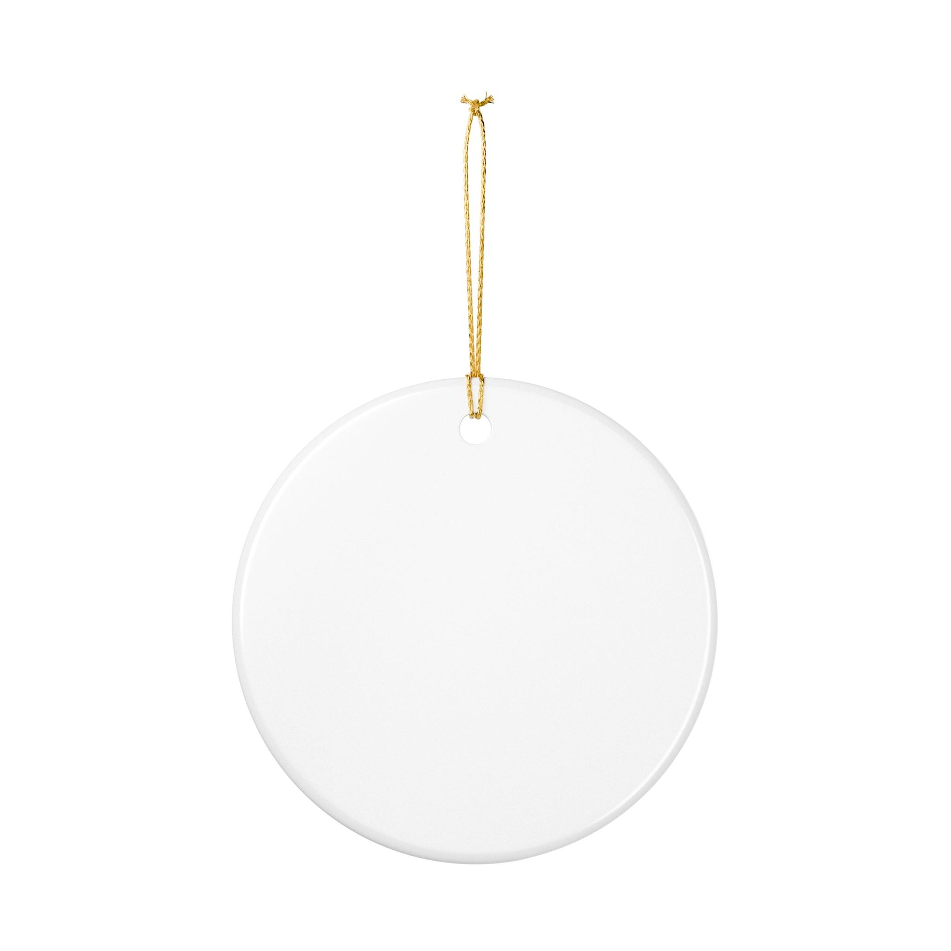 Round ornament back side all white with a gold ribbon on a white background