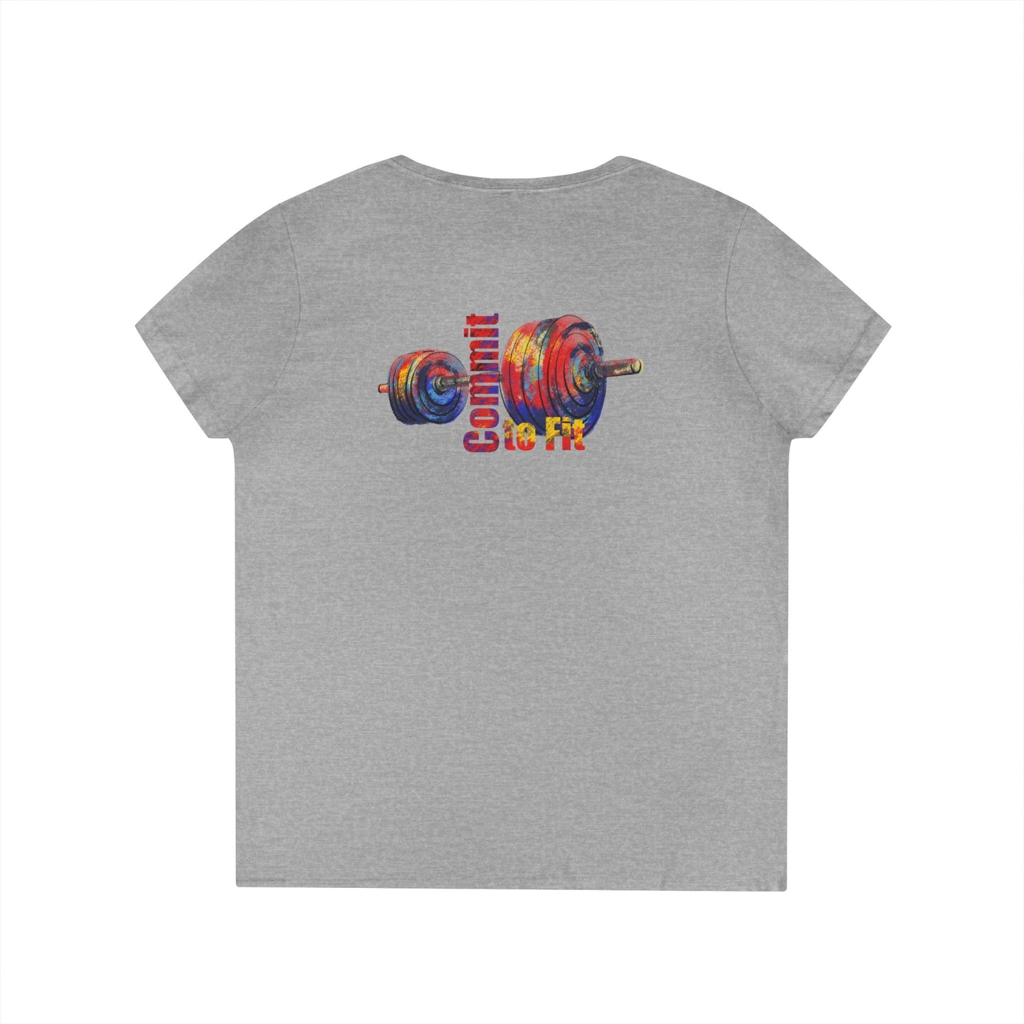 Gray t-shirt with a colorful barbell graphic and text on the back against a white background