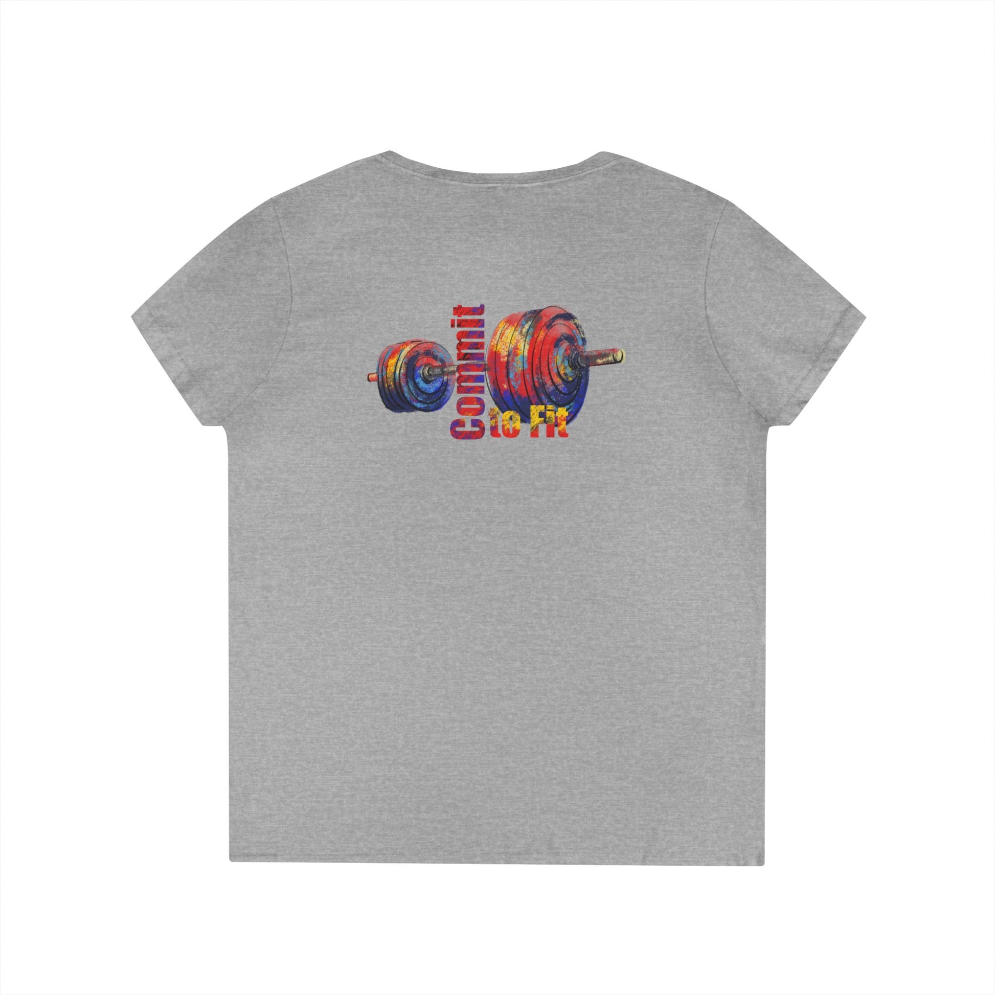 Gray t-shirt with a colorful barbell graphic and text on the back against a white background