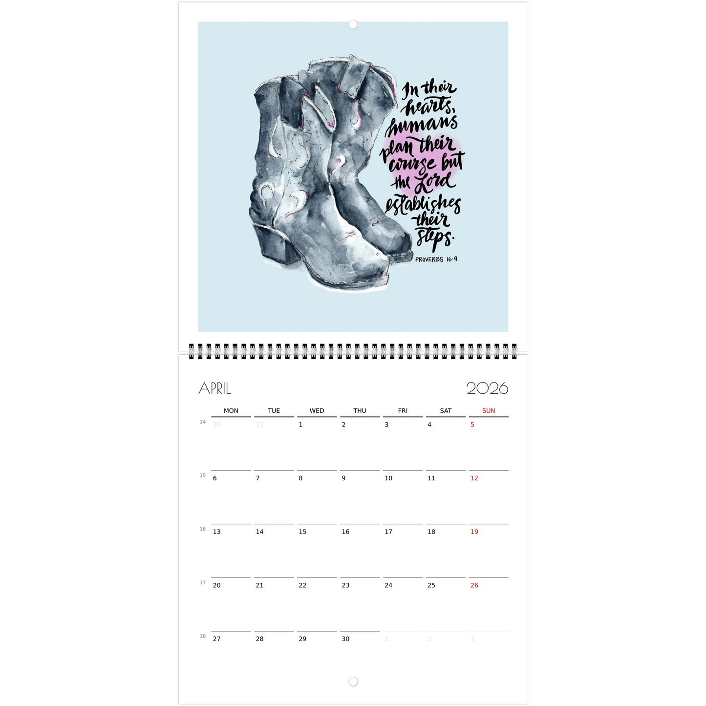 Calendar page for April 2026 with cowboy boots and Bible verse In their hearts, humans plan their course but the Lord establishes their steps