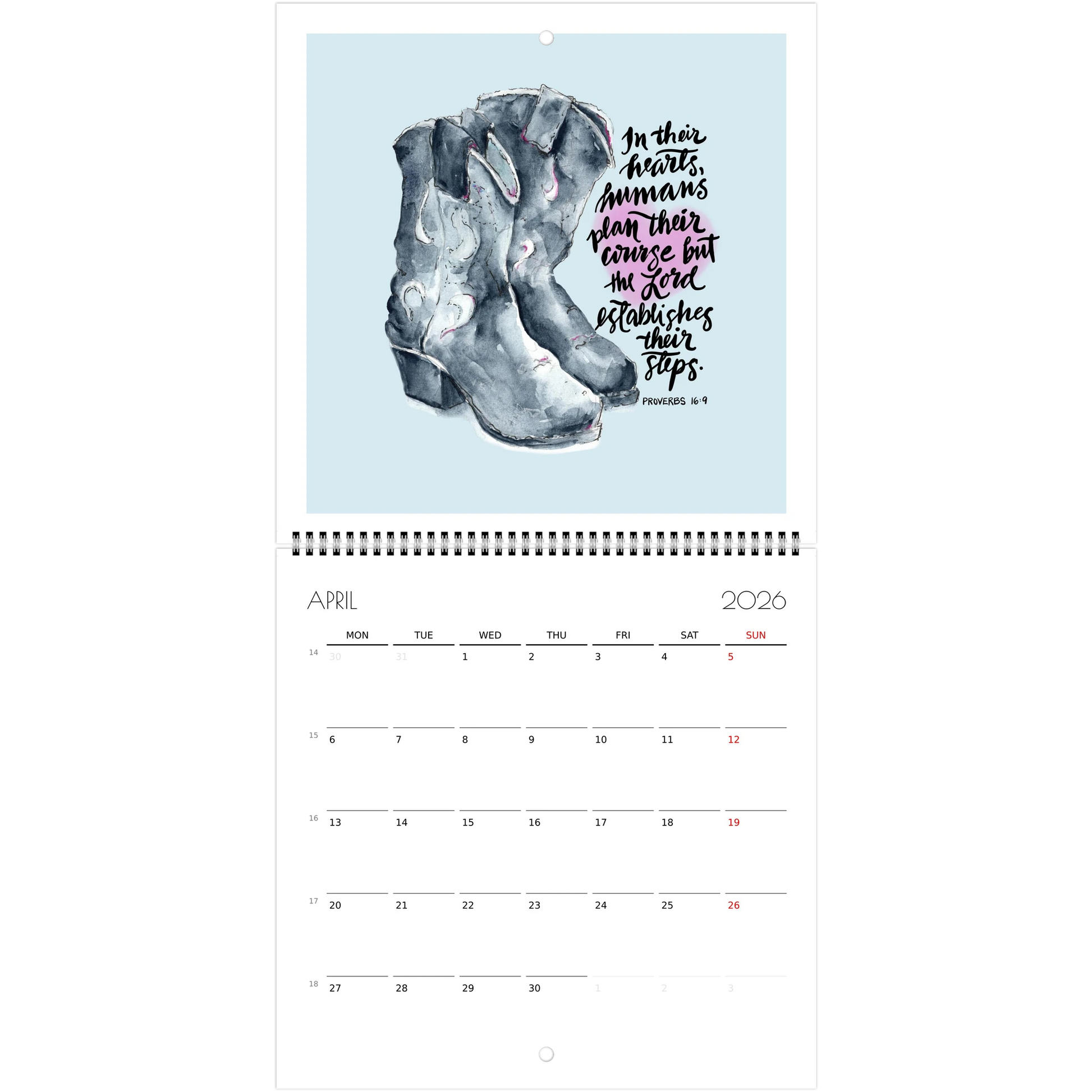 Calendar page for April 2026 with cowboy boots and Bible verse In their hearts, humans plan their course but the Lord establishes their steps