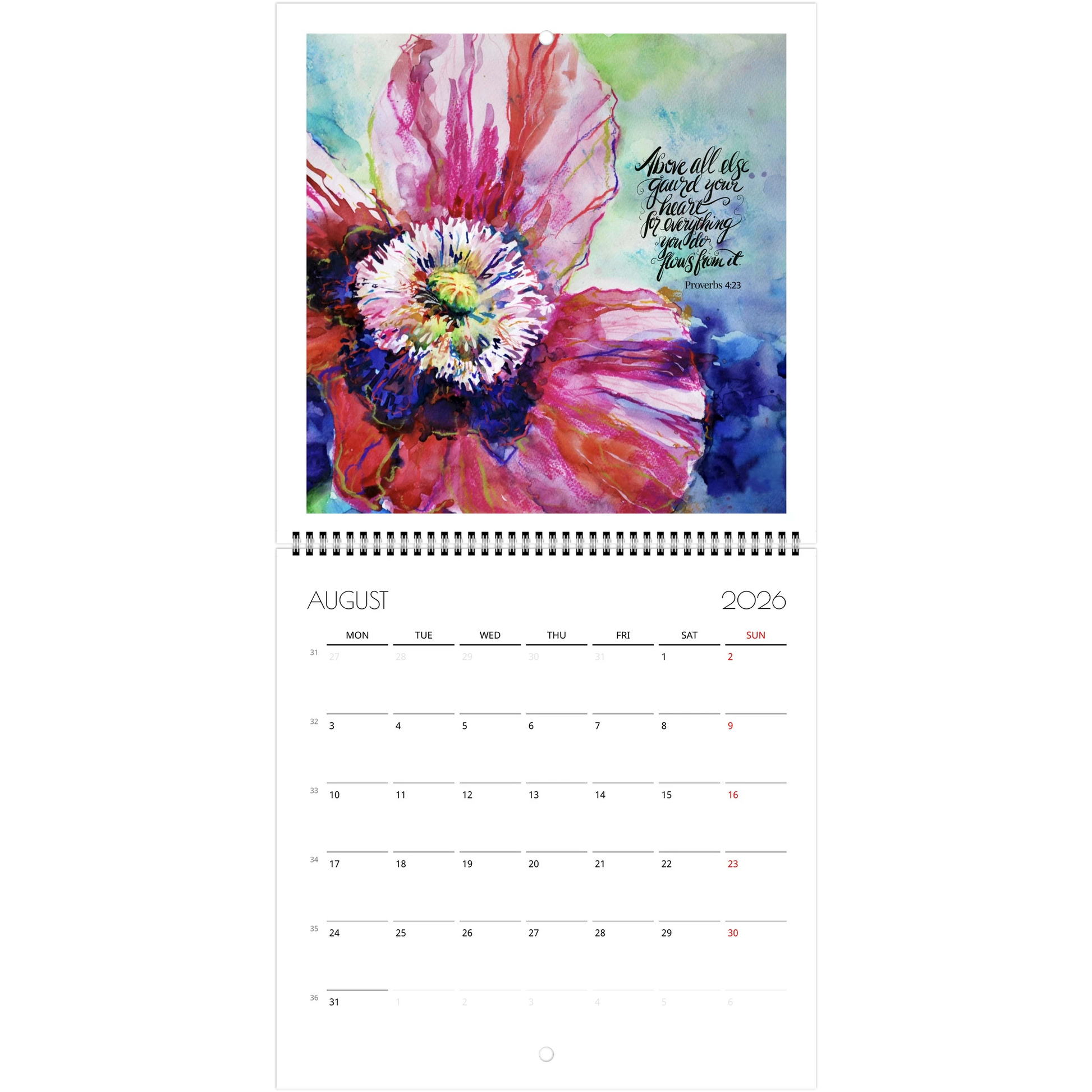 Calendar page for August 2026 Bible verse Above all else gaurd your heart and floral border