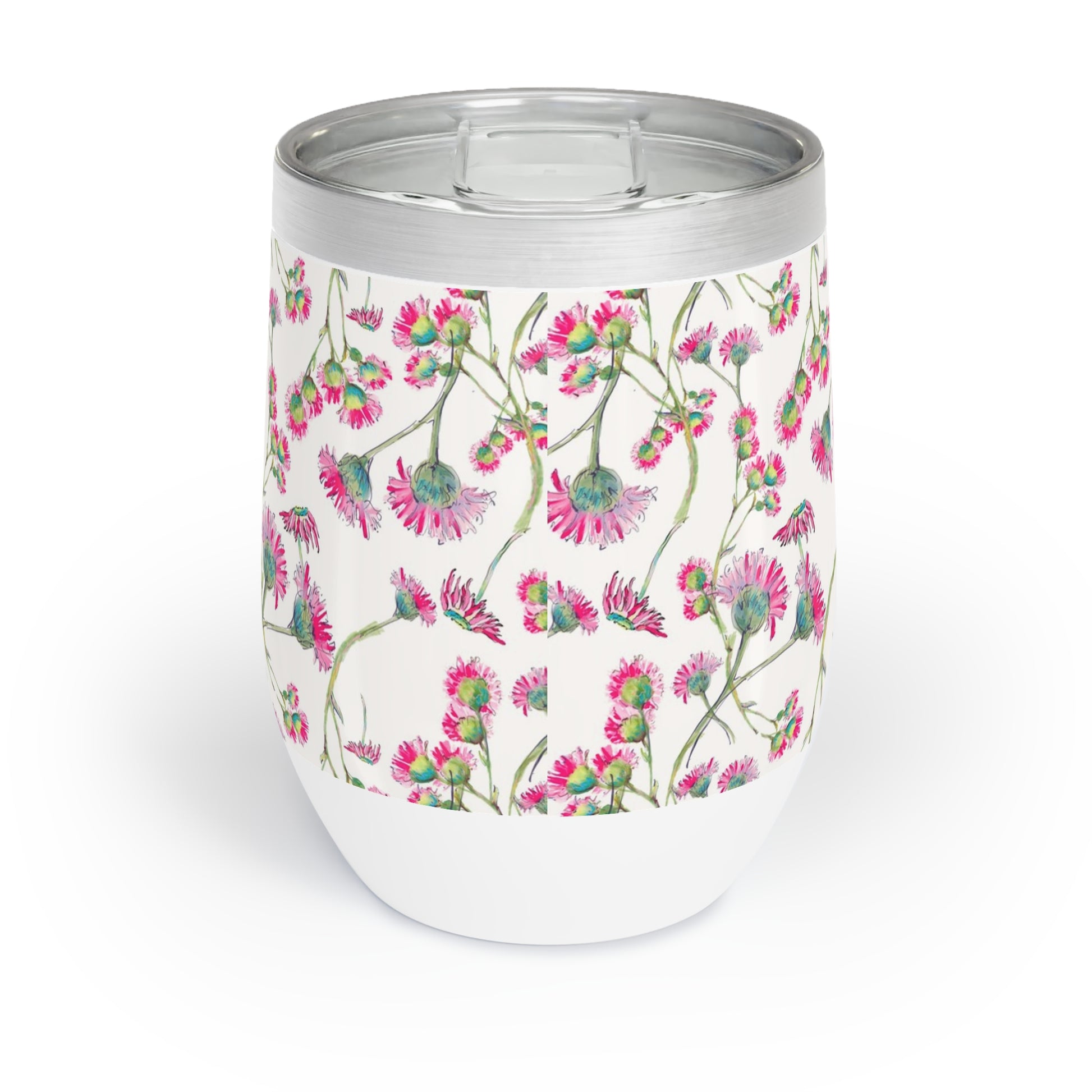 Back side of wine Tumbler with floral pattern on a pink and white background