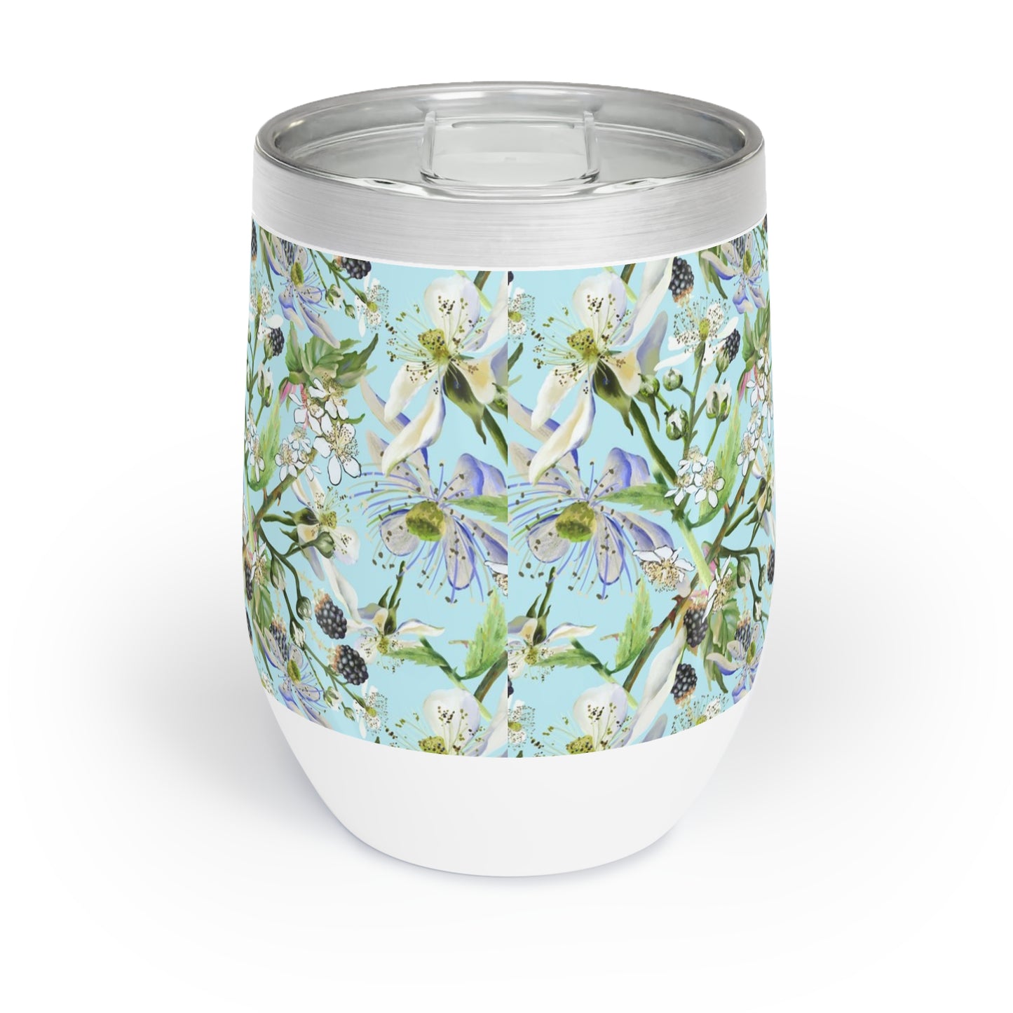 Wine Tumbler with LOVE and teal floral design on a white background