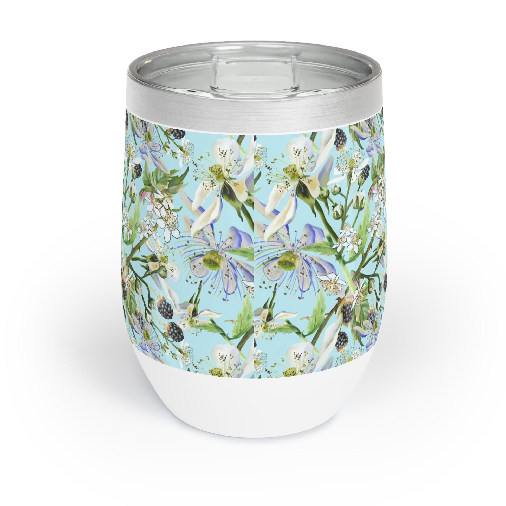 Wine Tumbler with LOVE and teal floral design on a white background