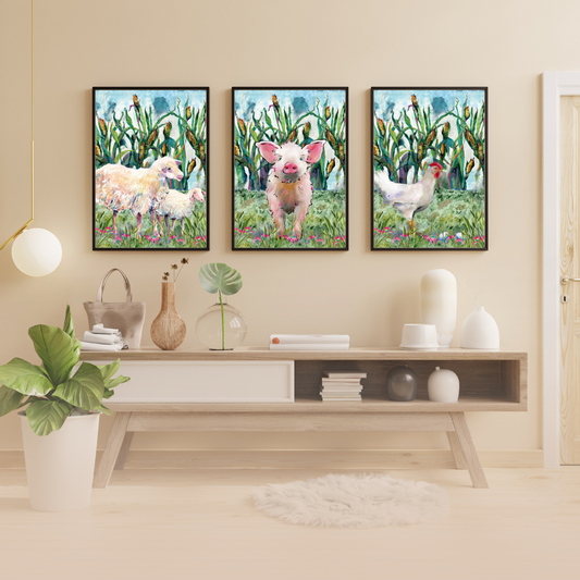 Wall art set of Farm Animals, a Sheep ,Pig, and Chicken in a cornfield