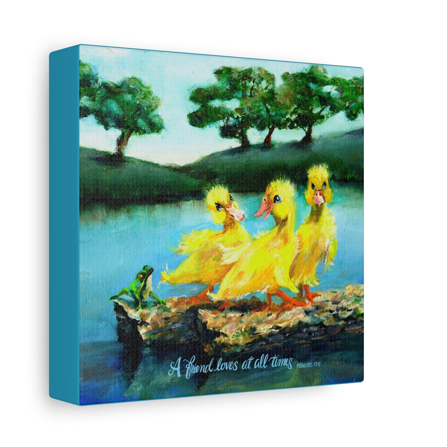 Side view of Canvas print with three yellow ducks and a frog by a lake, surrounded by trees.