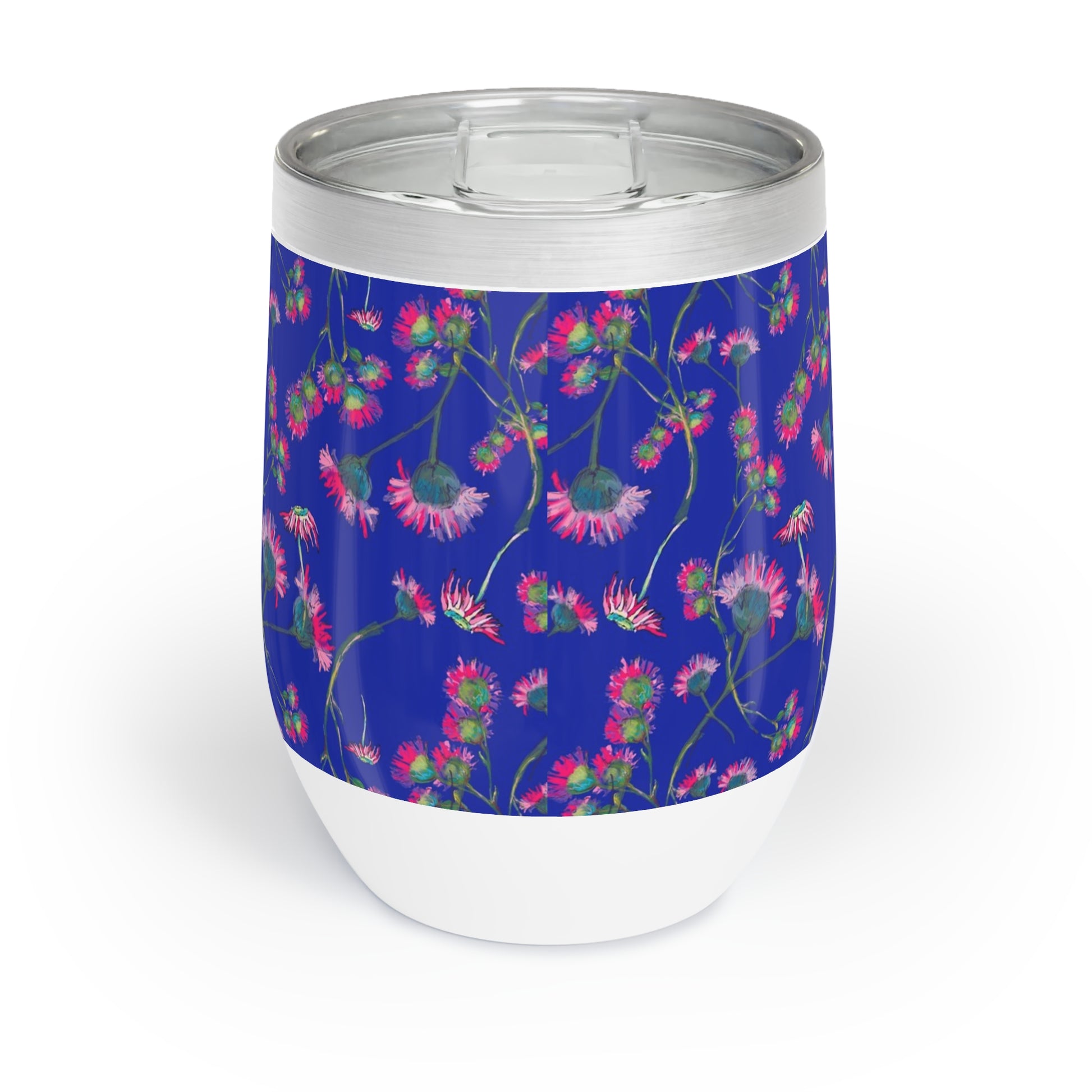 Back side of wine Tumbler with floral pattern on a blue background