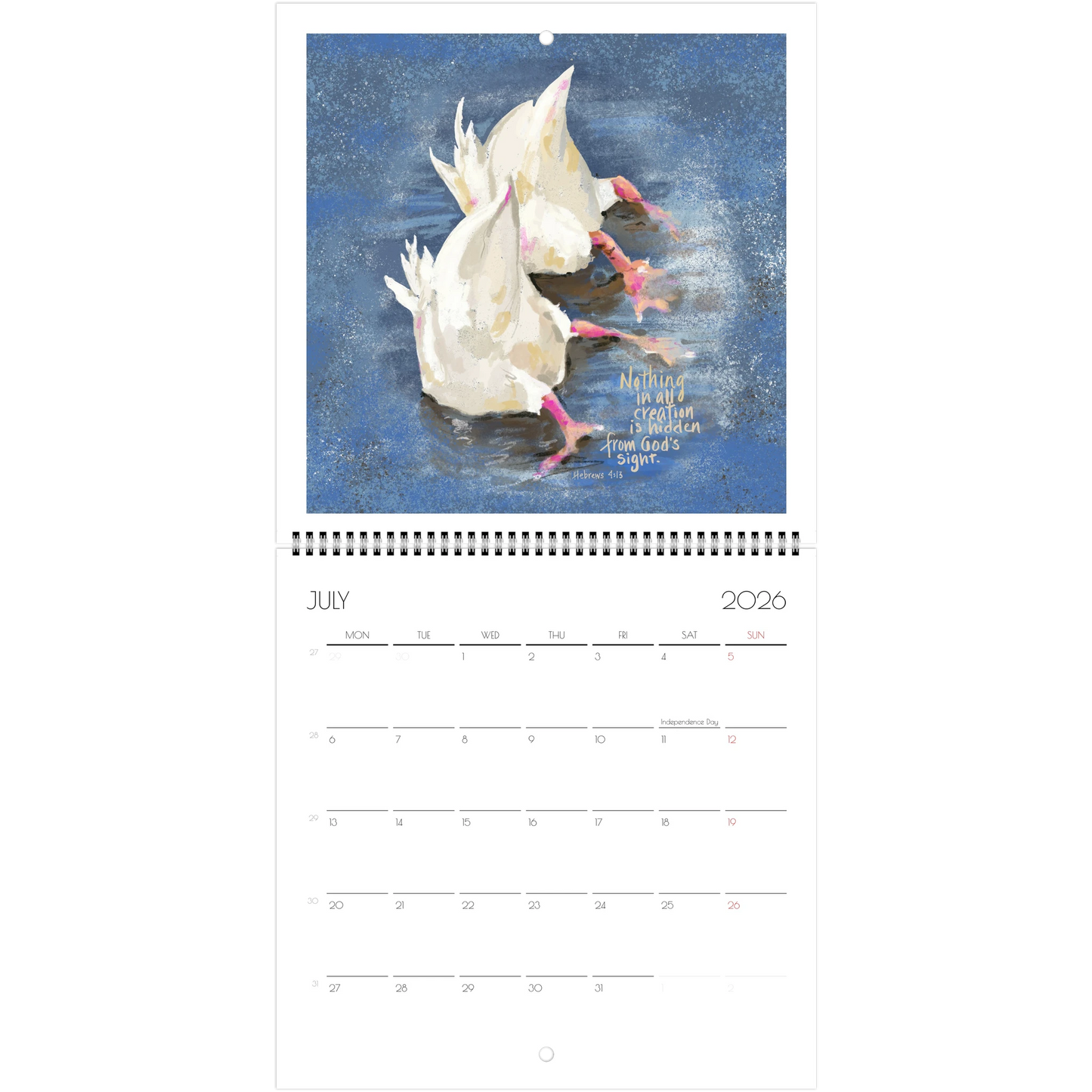 Calendar page for July 2026 with two ducks in a pond and Bible verse "Nothing in creation is hidden from God's sight" design on a blue background