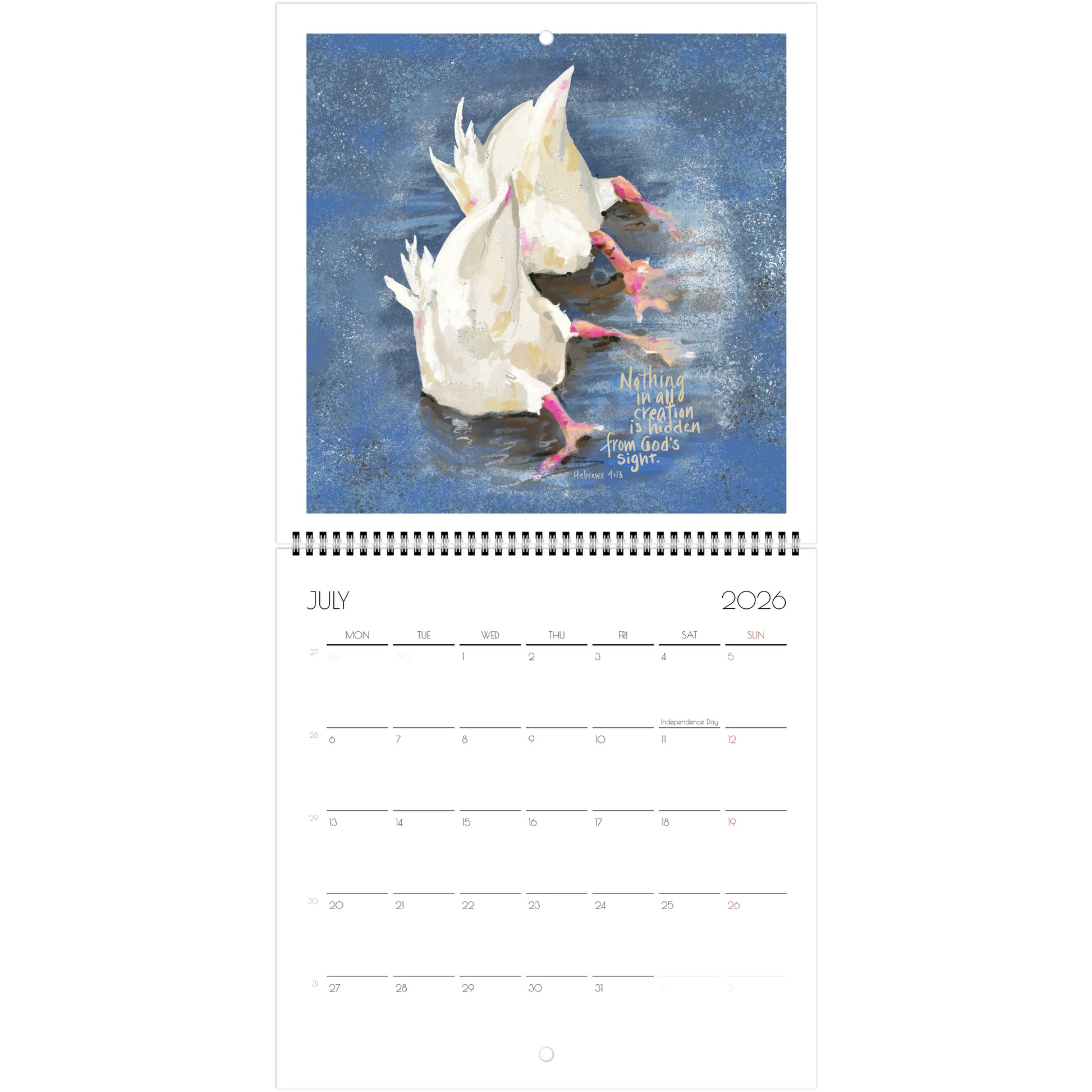 Calendar page for July 2026 with two ducks in a pond and Bible verse "Nothing in creation is hidden from God's sight" design on a blue background