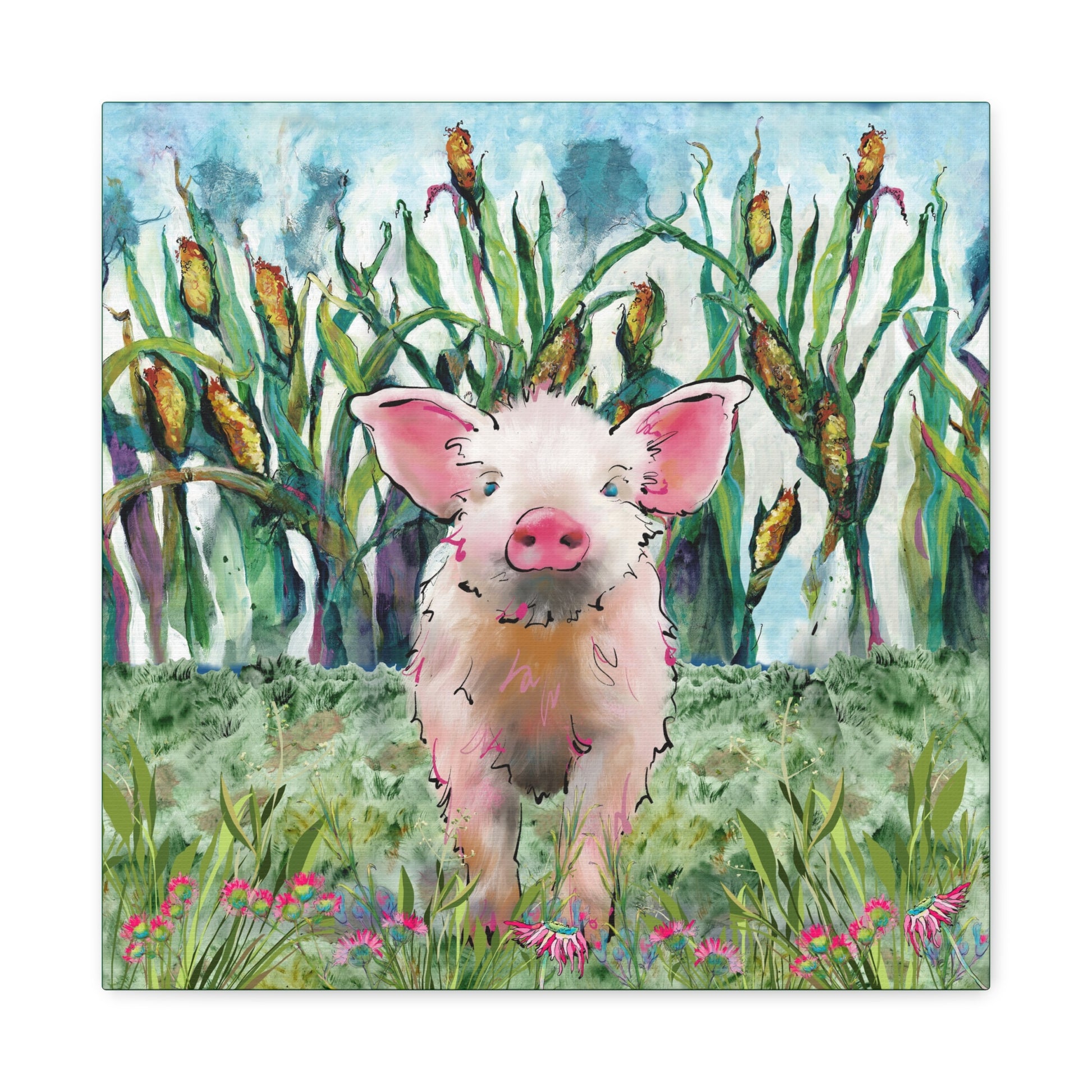 Canvas print of painting of a pink pig in a field with tall grass and flowers