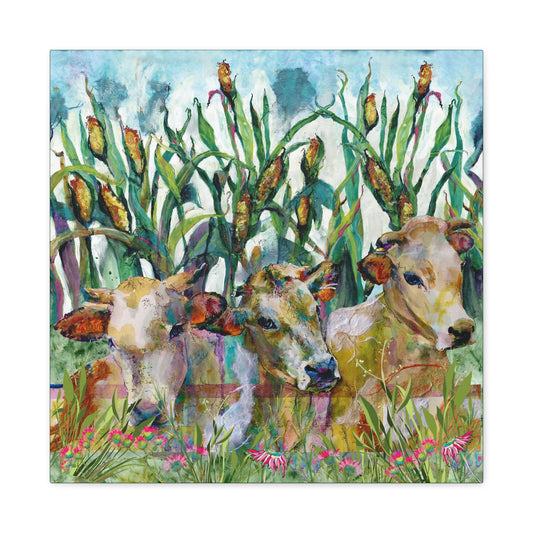 Canvas print of Painting of three cows in a field with tall grass and flowers