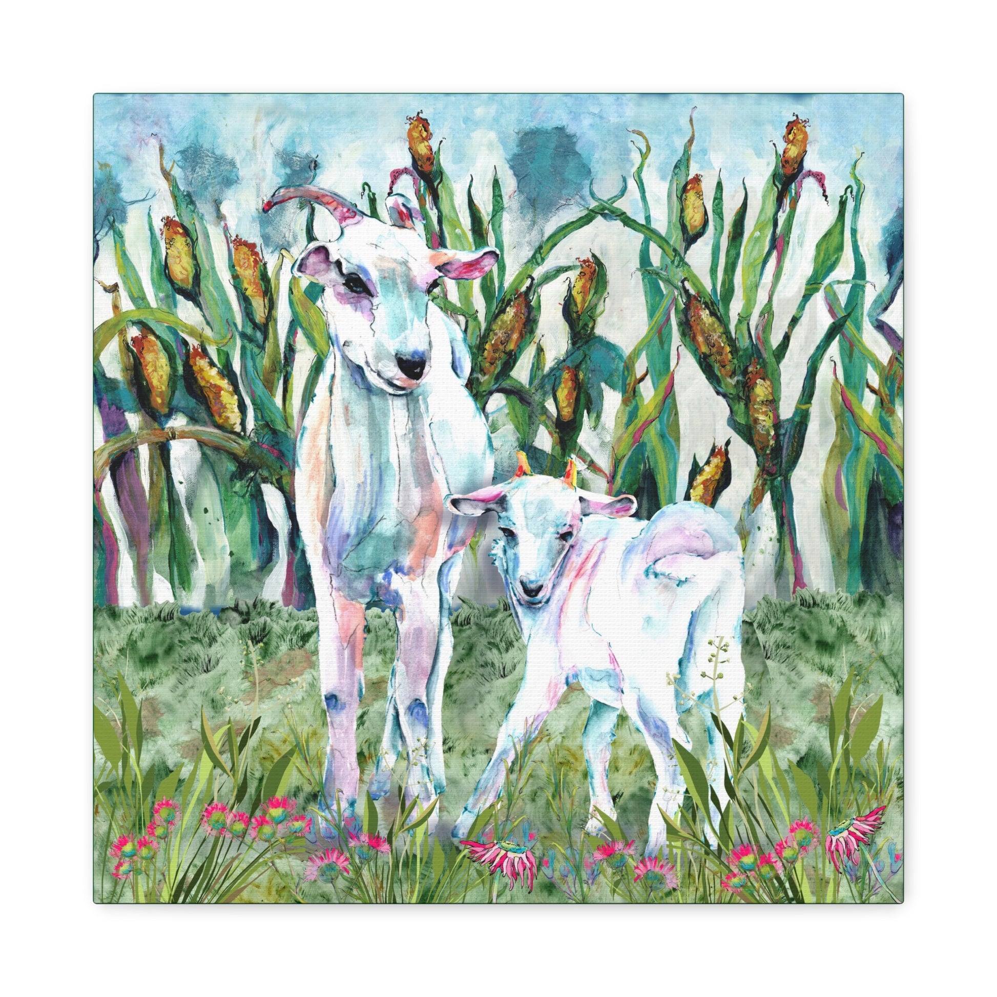 Colorful painting canvas print of two lambs in a field with flowers and plants.