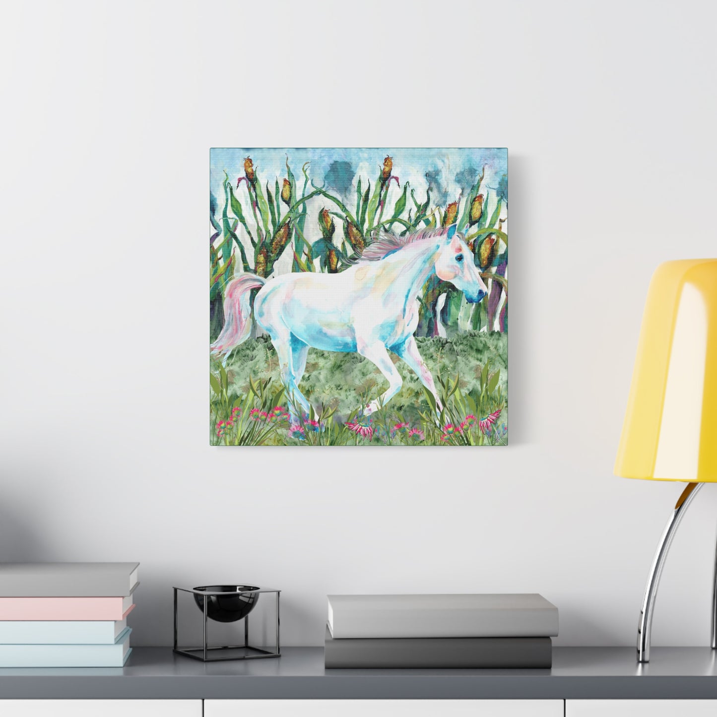Canvas print of white horse in modern office wall