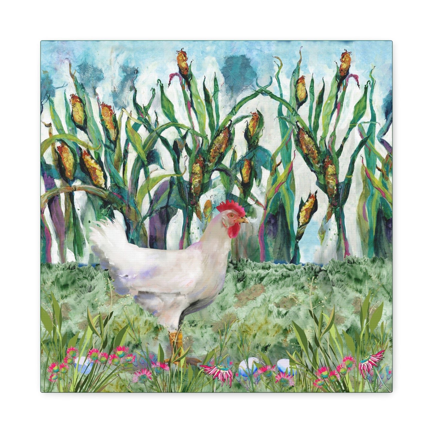 Painting of a chicken in a field with corn stalks and flowers, canvas print