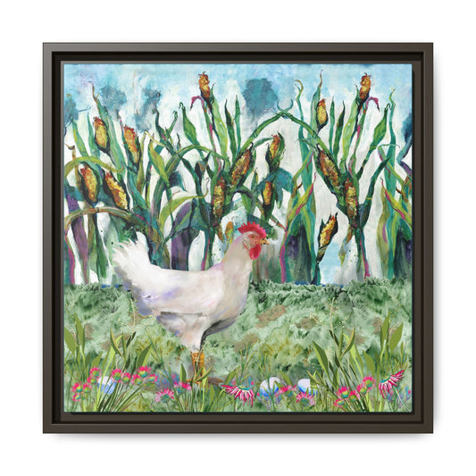 Framed artwork of a chicken in a grassy field with flowers and plants, espresso frame