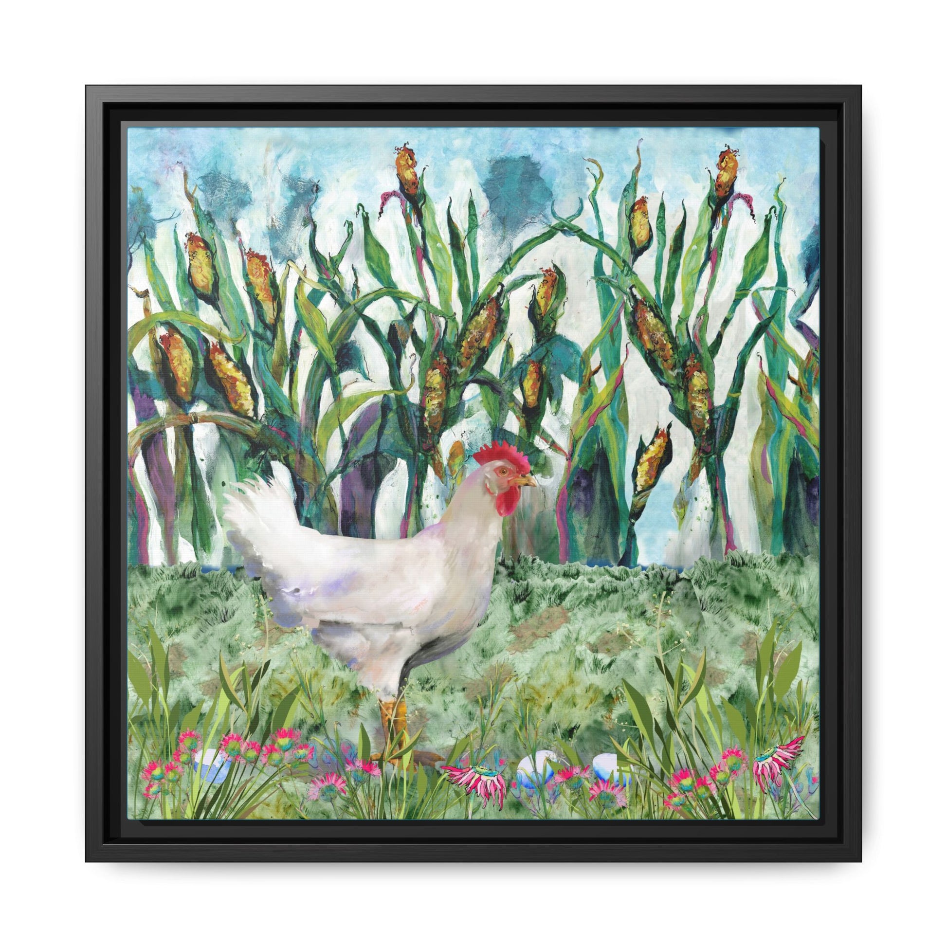 Framed artwork of a chicken in a grassy field with flowers and plants, with black frame